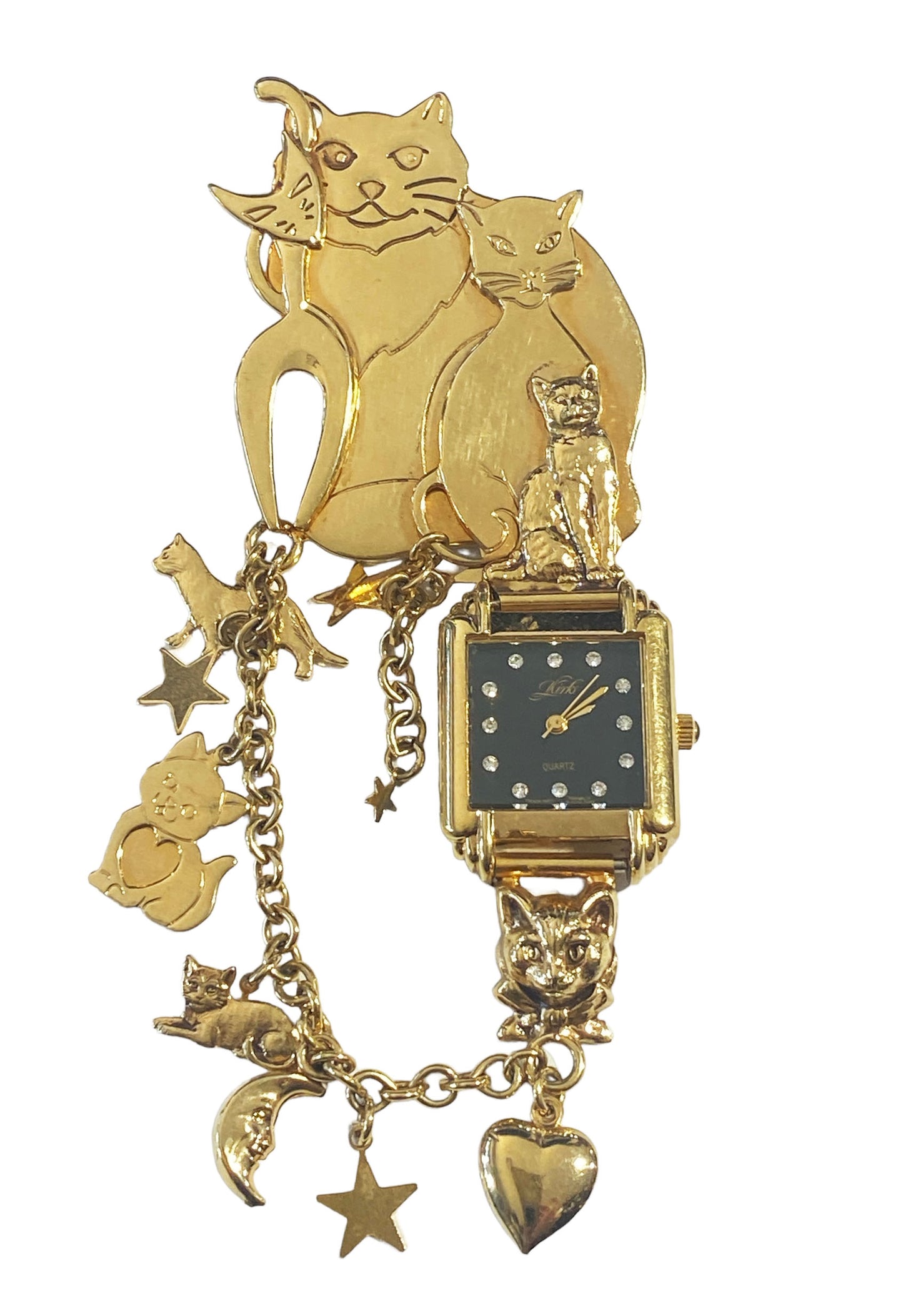 #7149 Rare Vintage Kirk's Folly  Gold Tone  Cat Watch Moving Charm brooch