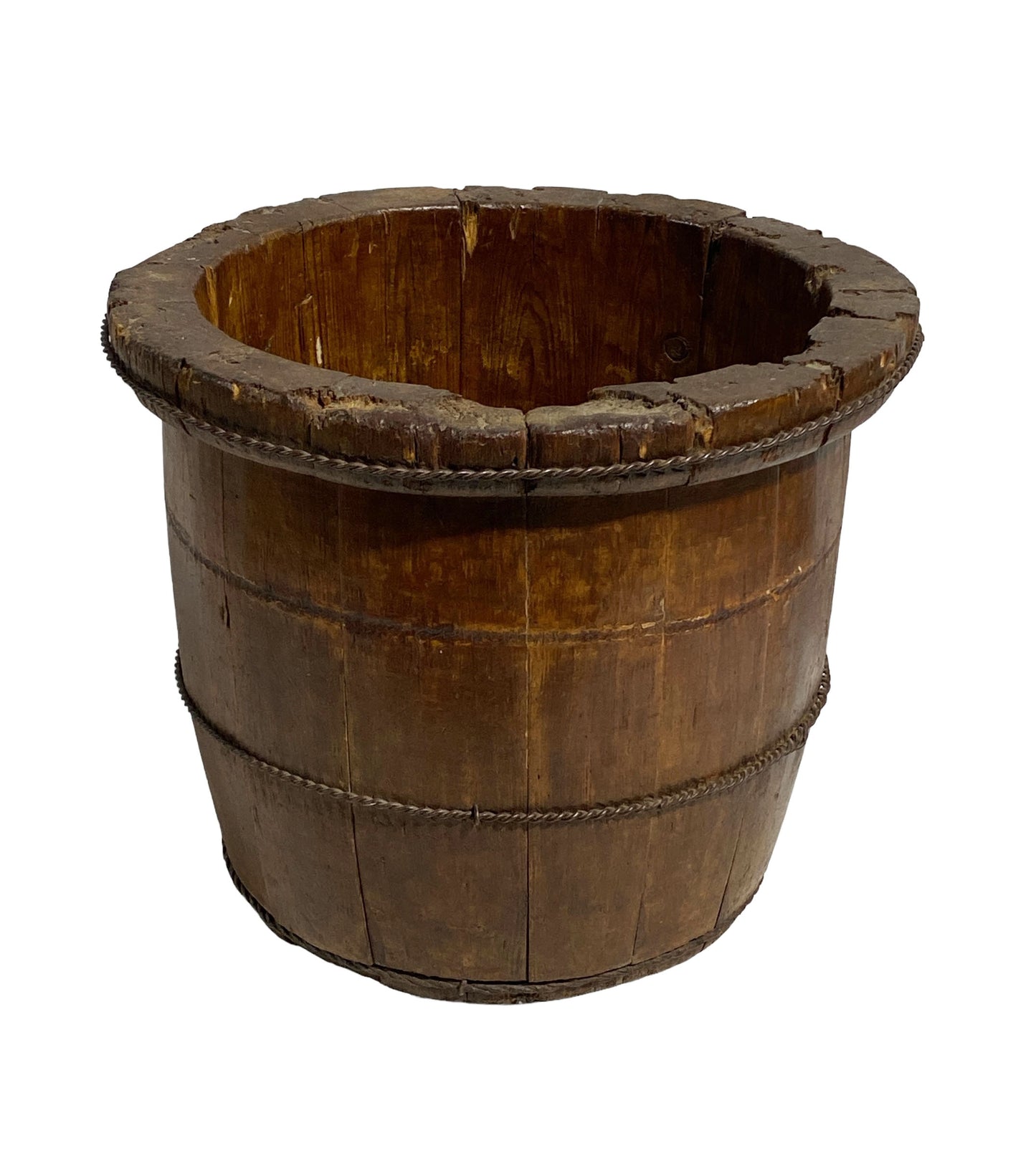 #7216 Antique Chinese Water or Rice Bucket Primitive Iron/ Wood 11" H