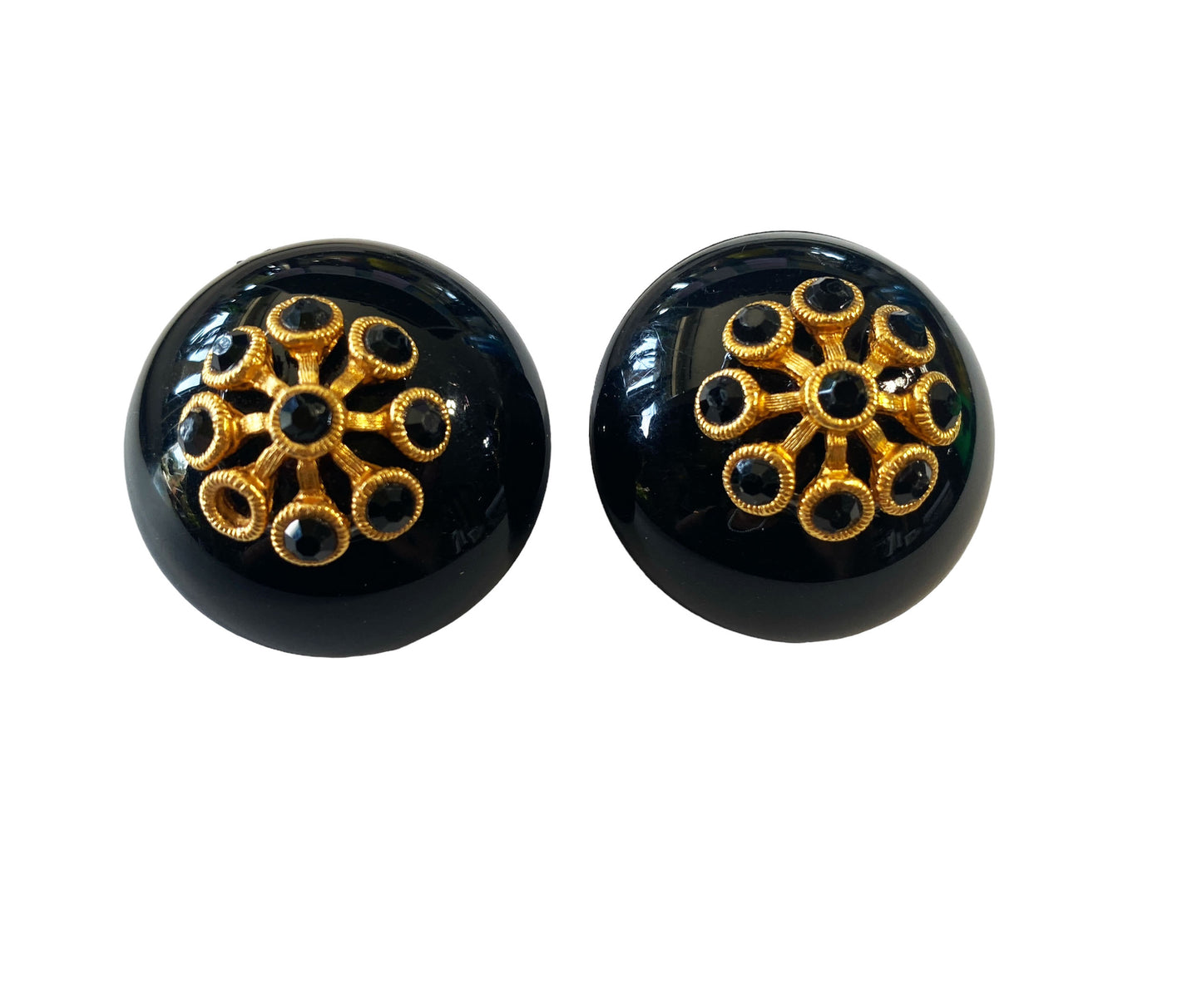 #6119 Vintage Large Black Bakelite Dome Earrings Clip On  Glossy 1.25" Diameter