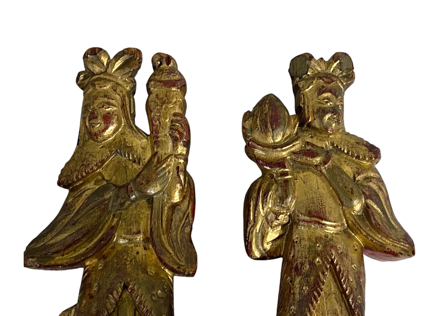 #6227 19th C. Chinoiserie Carved wood Gilt Figures wall Hanging S/2