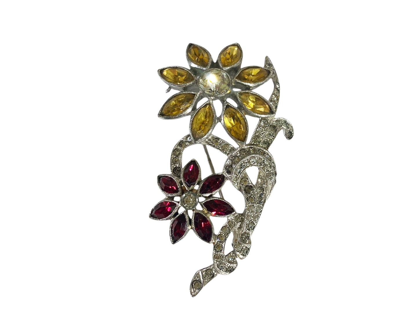 #6302 Vintage Flower Brooch Pin Silver Tone Floral Rhinestones Daisies
