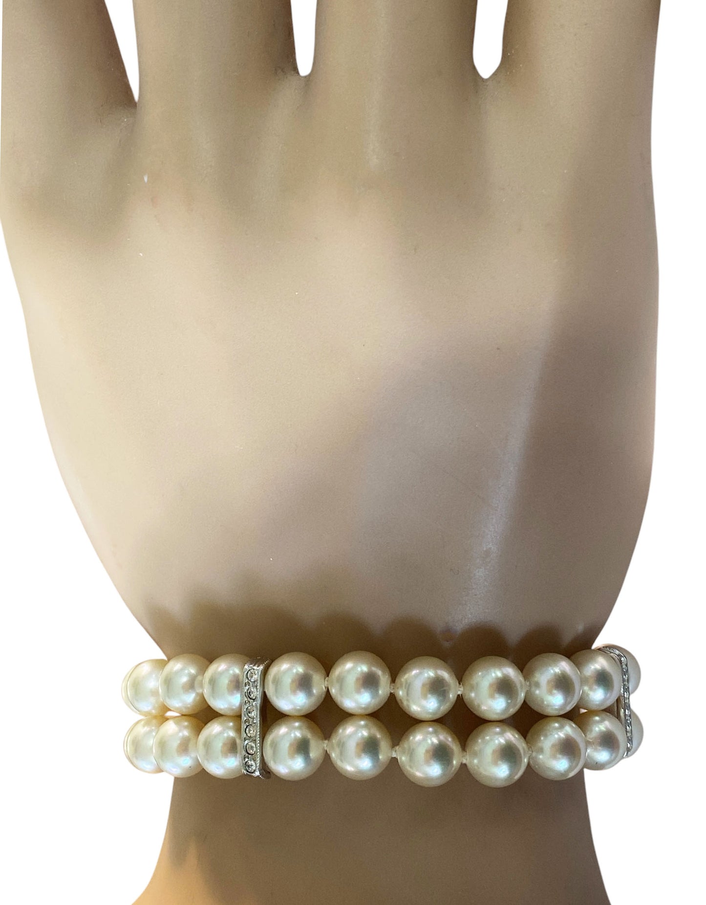 #6295 Vintage Czech Two Strand Pearl Bracelet With Faux silver tone  Diamond Clasp 8"