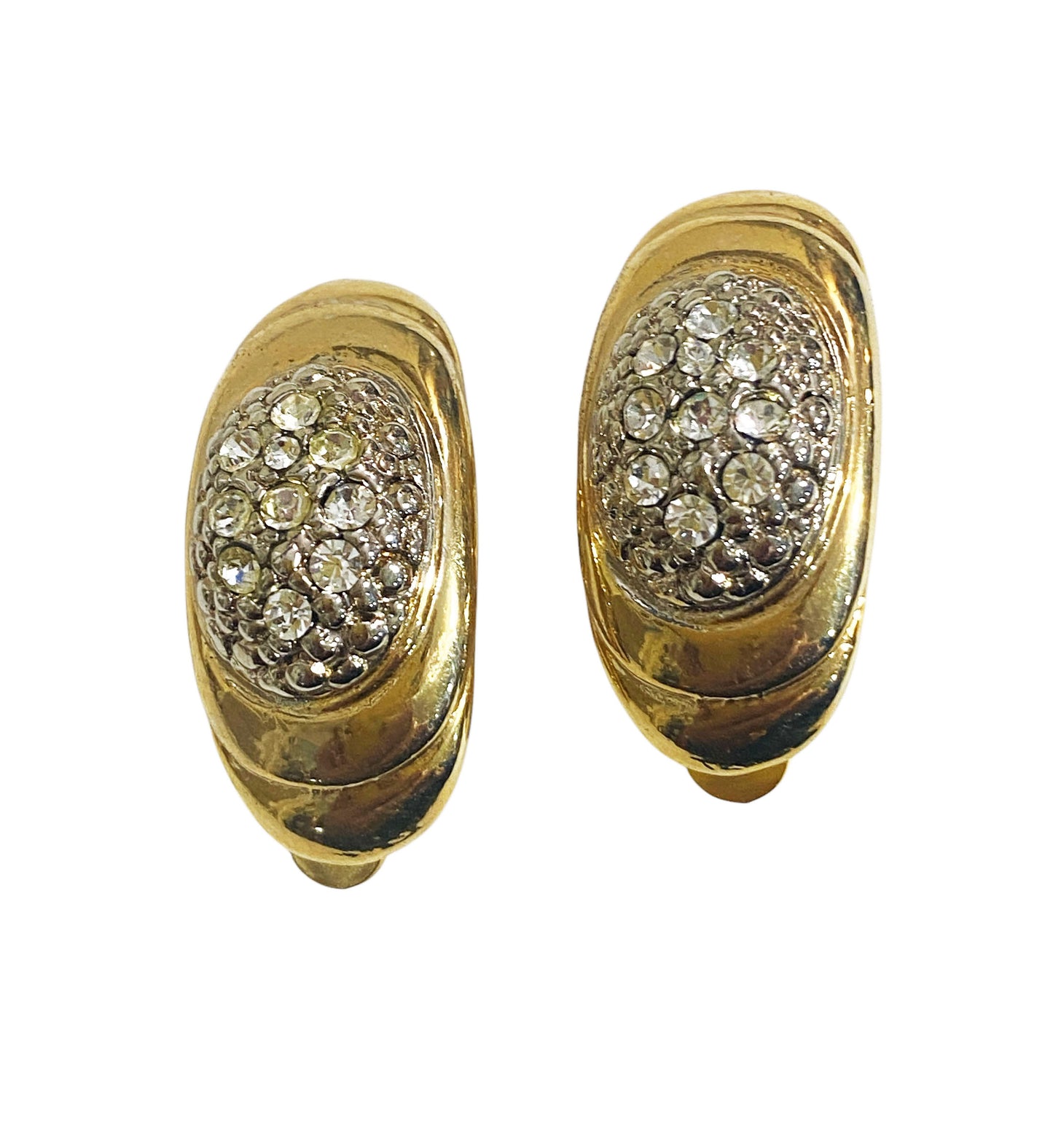 #6396 Vintage Gold Tone W/Shimmering Glass Diamonds Clips Earrings