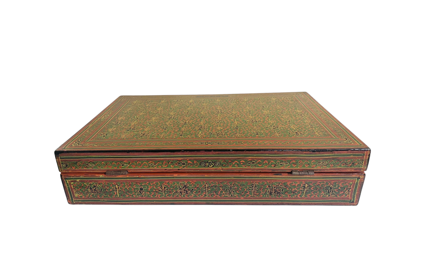 #6382 Vintage Large Burmese Asian Lacquer Wood Hand Painted Box 18' W