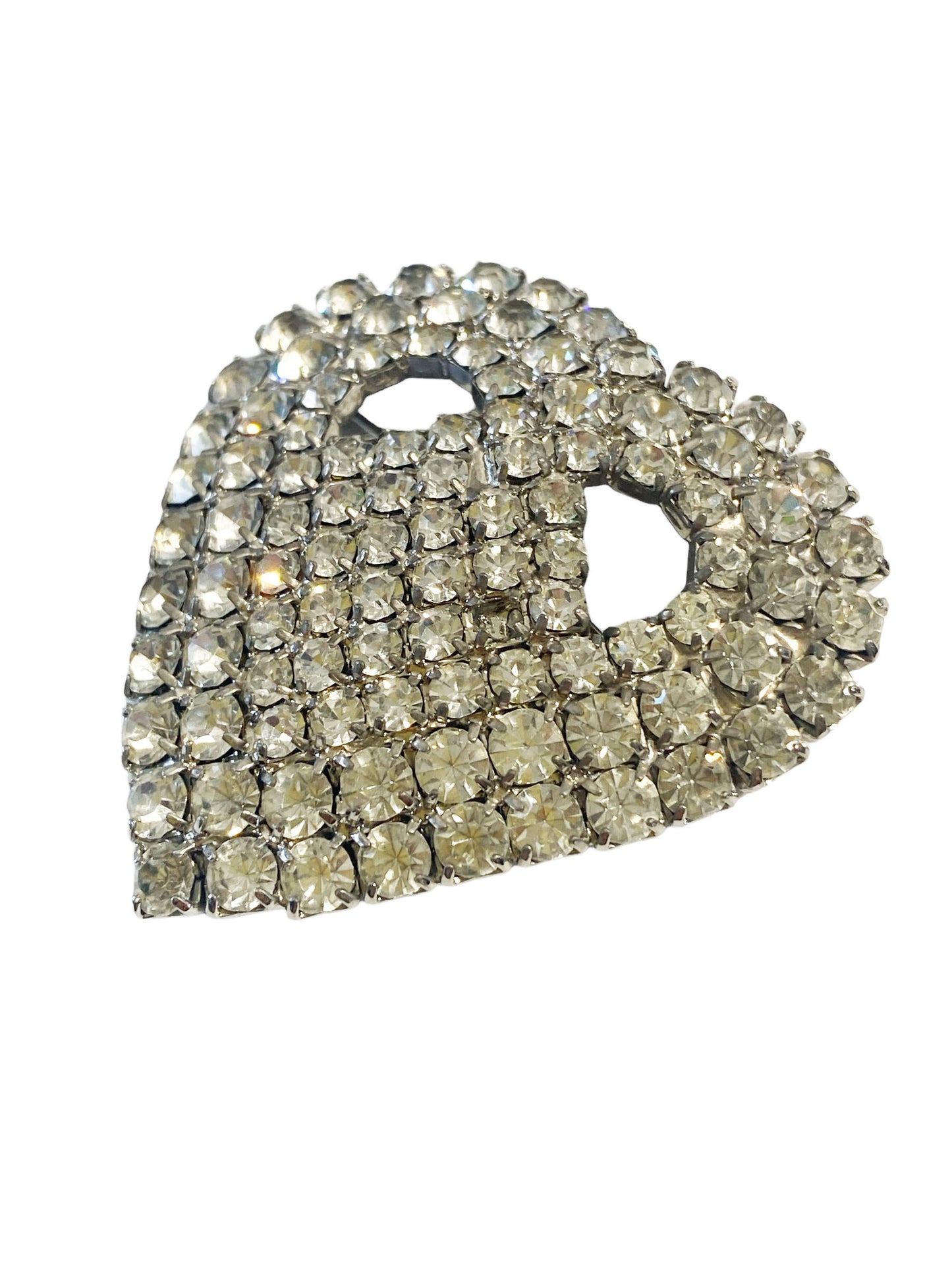 #7145 Vintage Clear Rhinestone Heart Brooch Pin Costume Jewelry Silver Toned