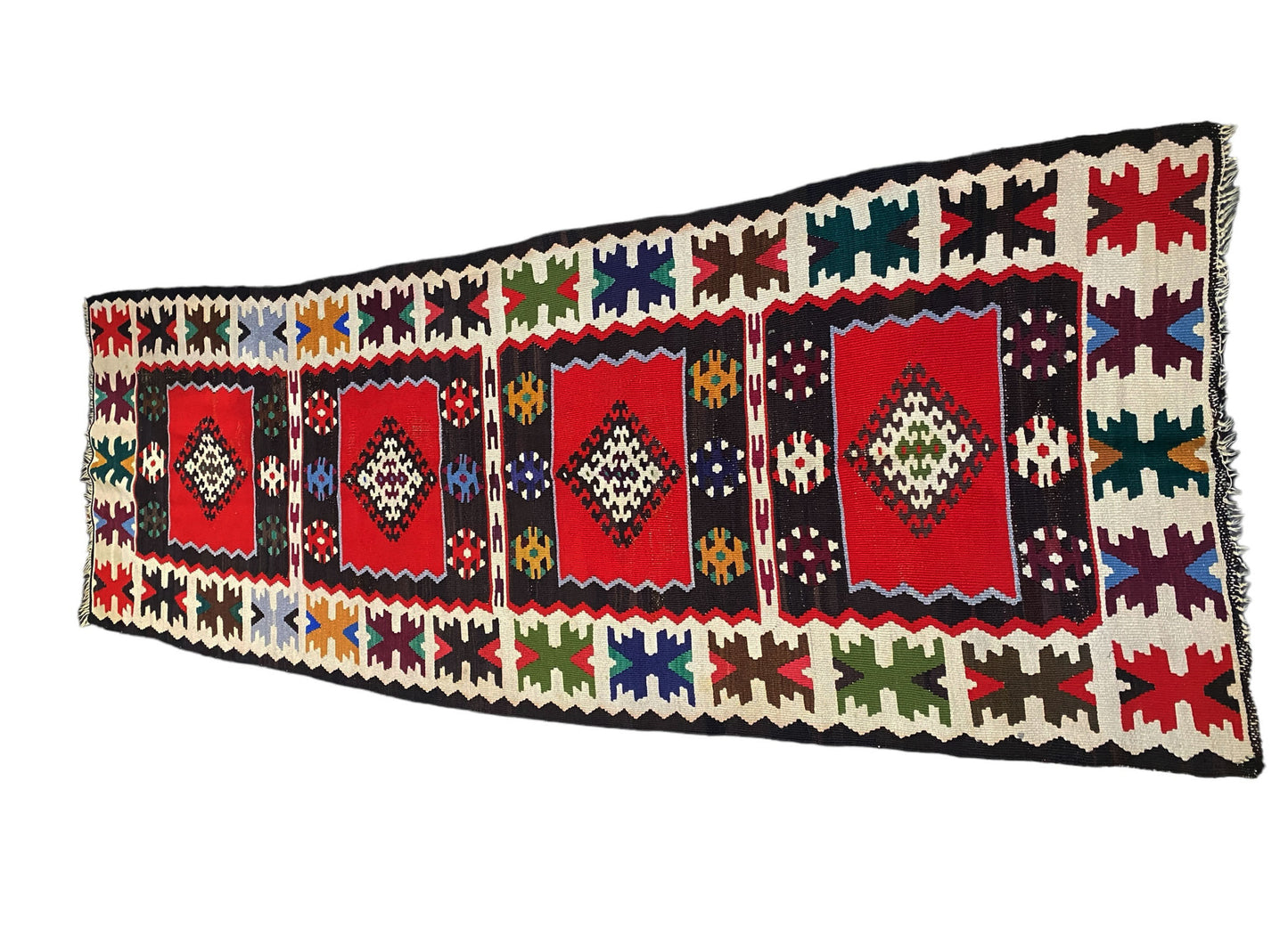 #7154 Tribal Old Hand Knotted Wool Anatolian Kilim Runner Rug, Anatolian 114"
