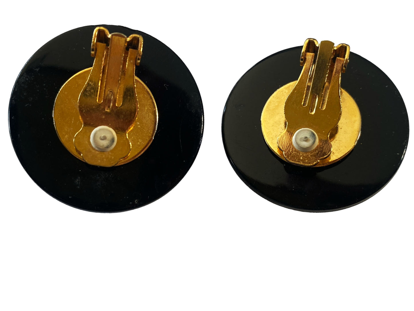 #6119 Vintage Large Black Bakelite Dome Earrings Clip On  Glossy 1.25" Diameter