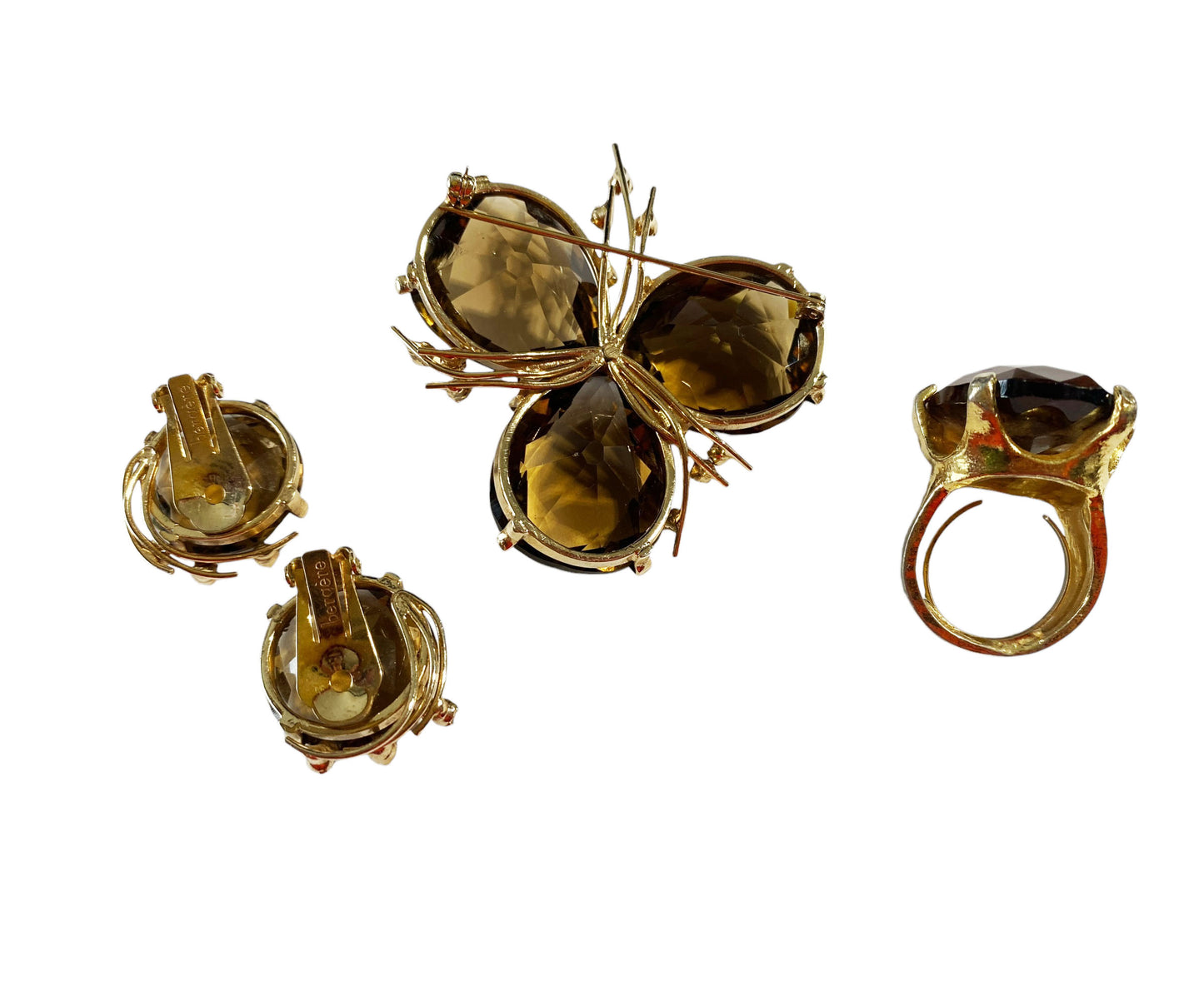 #6203 Vintage Bergere Gold tone Topaz  Rhinestone Set of  Brooch Pin/Earrings/Ring