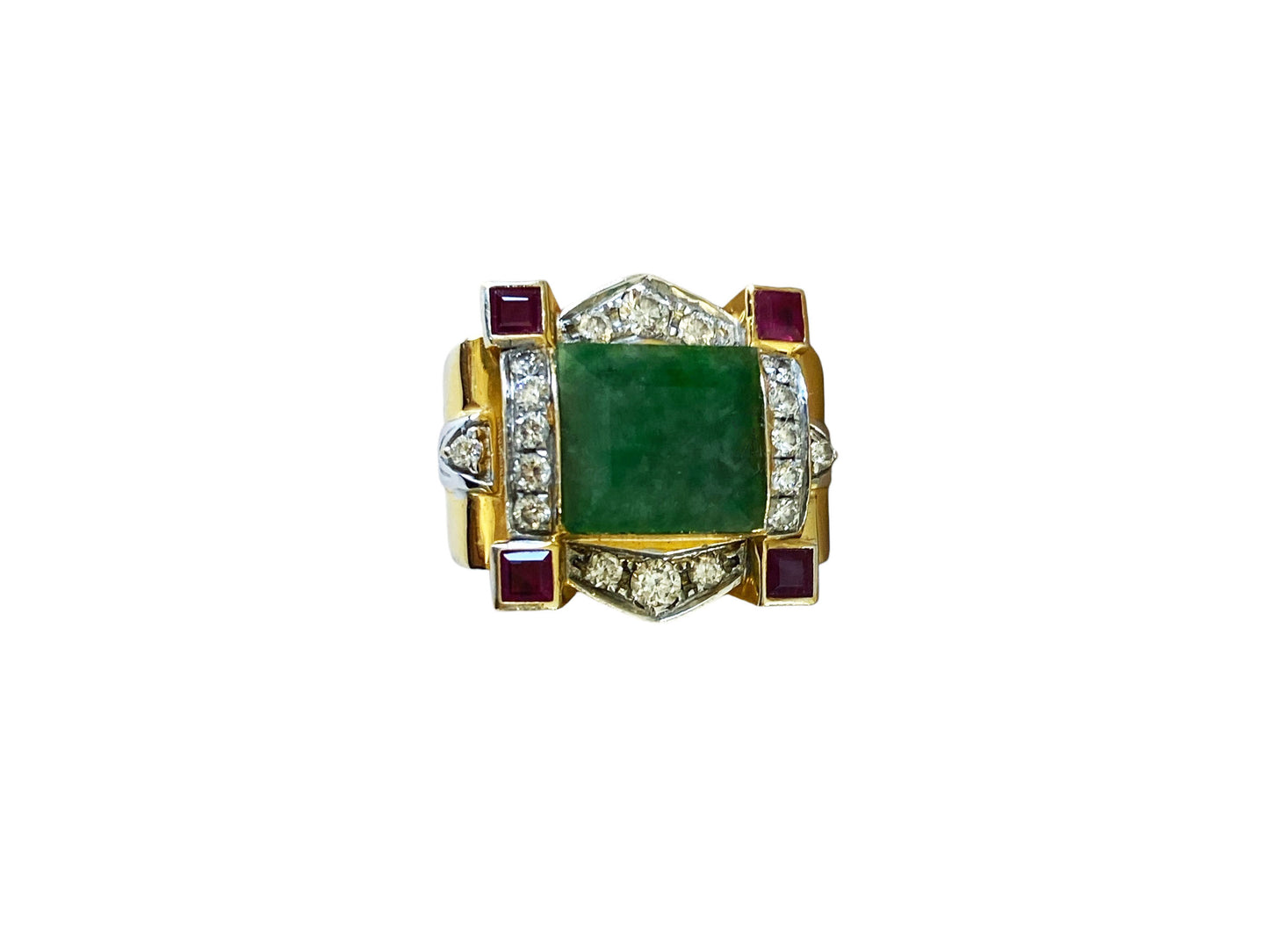 #6281 Art Deco 22K Gold ring w/jade /ruby/Diamond size 7