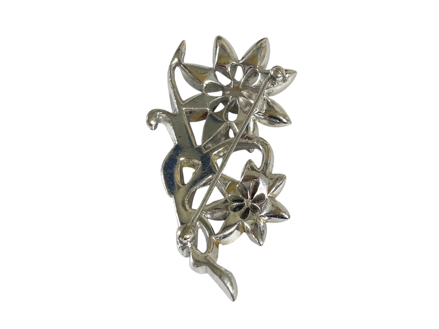 #6302 Vintage Flower Brooch Pin Silver Tone Floral Rhinestones Daisies