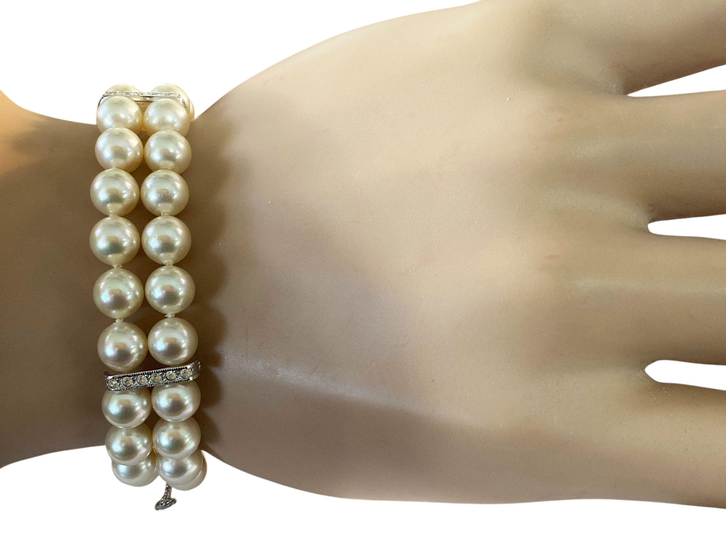 #6295 Vintage Czech Two Strand Pearl Bracelet With Faux silver tone  Diamond Clasp 8"