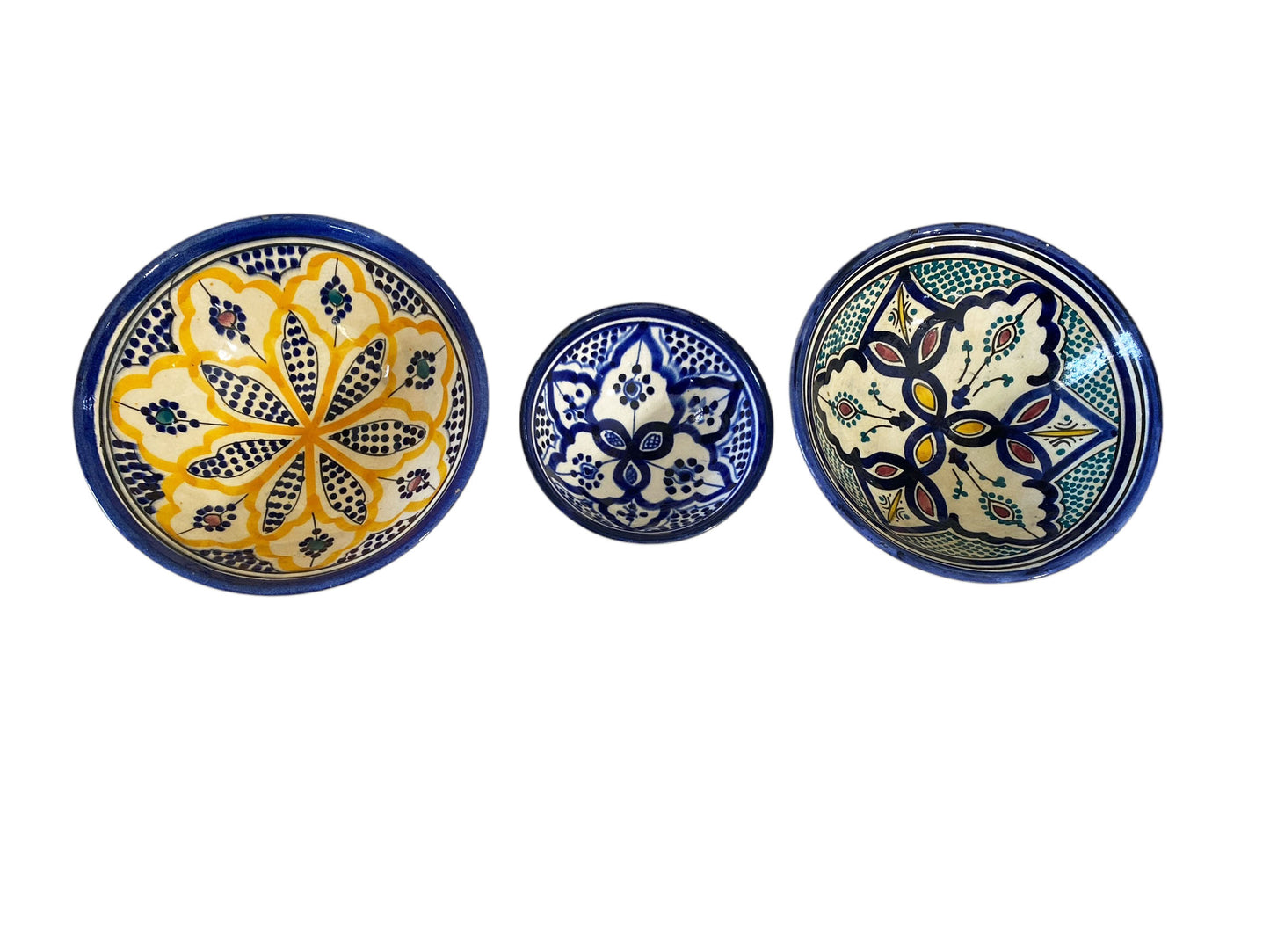 #6347 Vintage Moroccan Set of Three Ceramic Bowls with Geometric Design