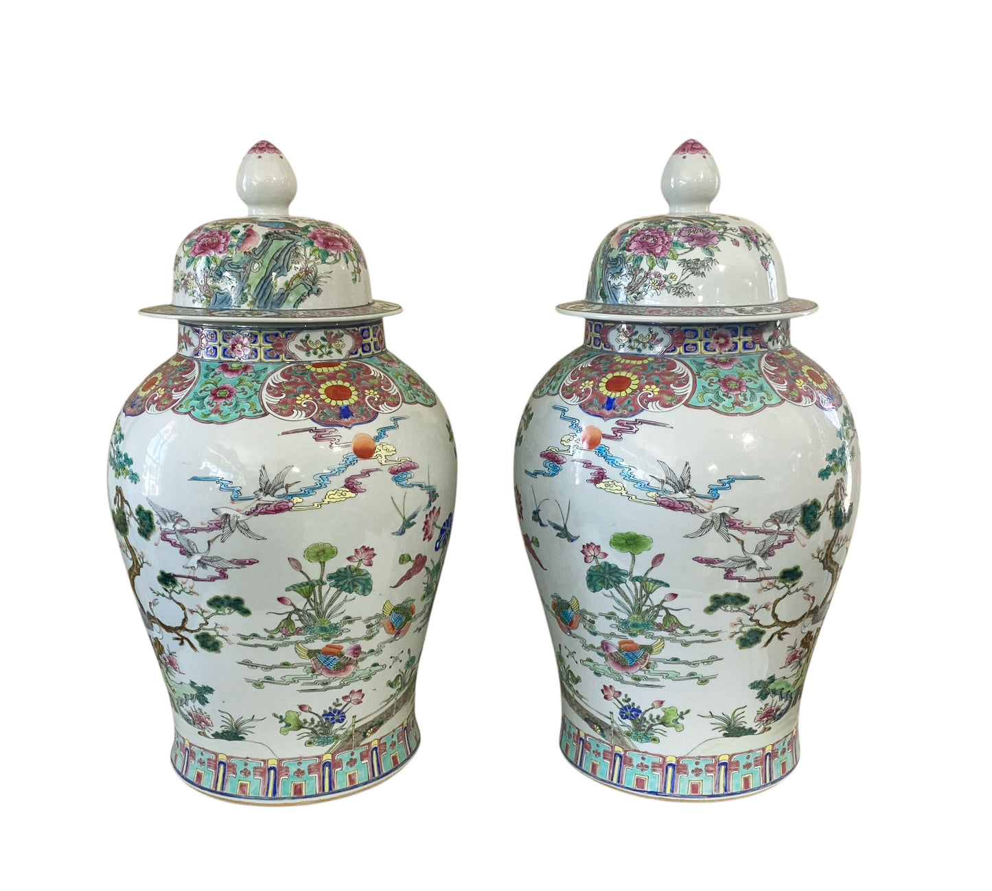 #5949 Vintage LG Chinoiserie Famille Rose Porcelain Ginger Jars 26" H Pair