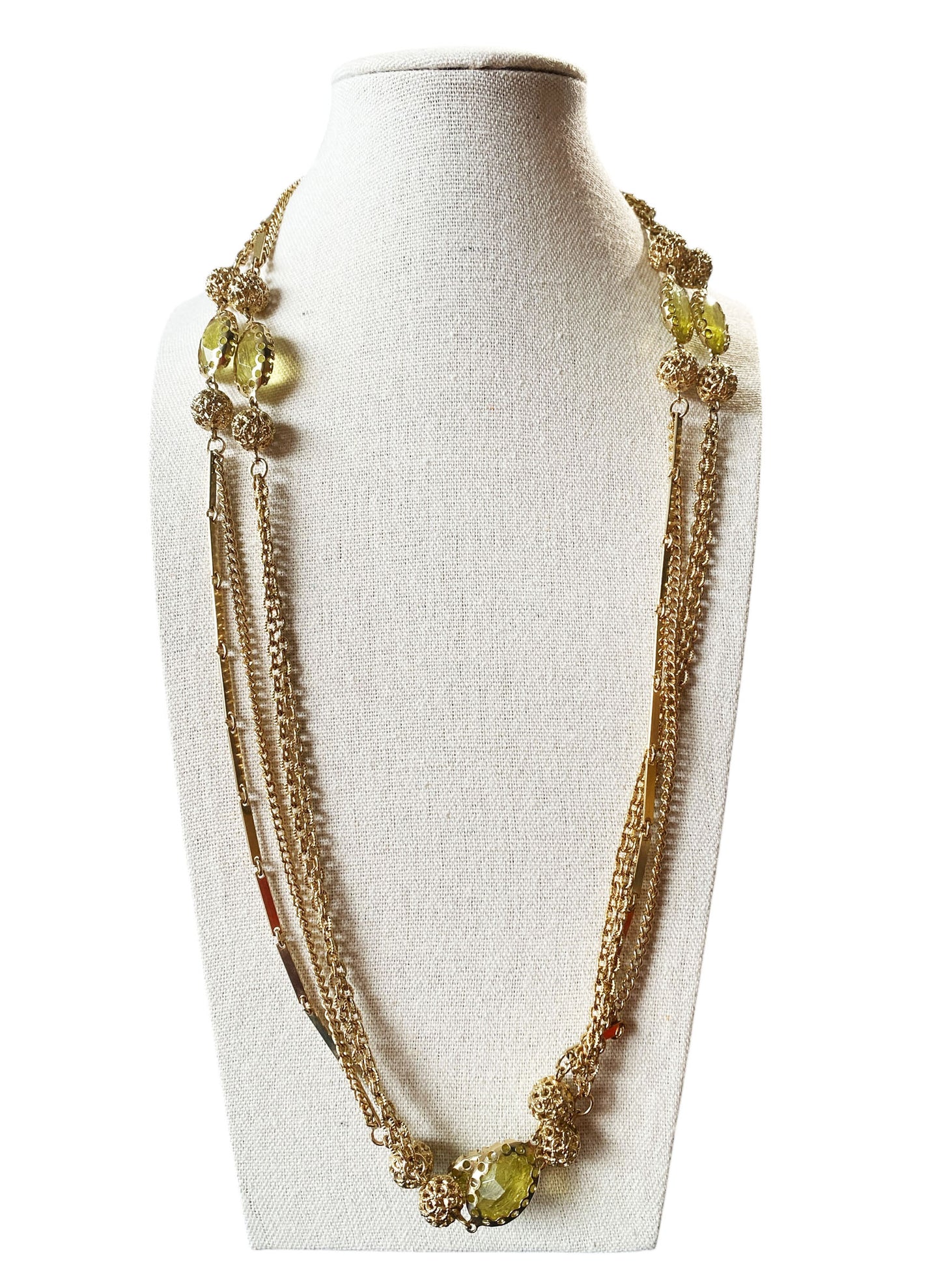 #6392 Vintage Gold tone and Greens Faux Citrine Long Necklace 26" H