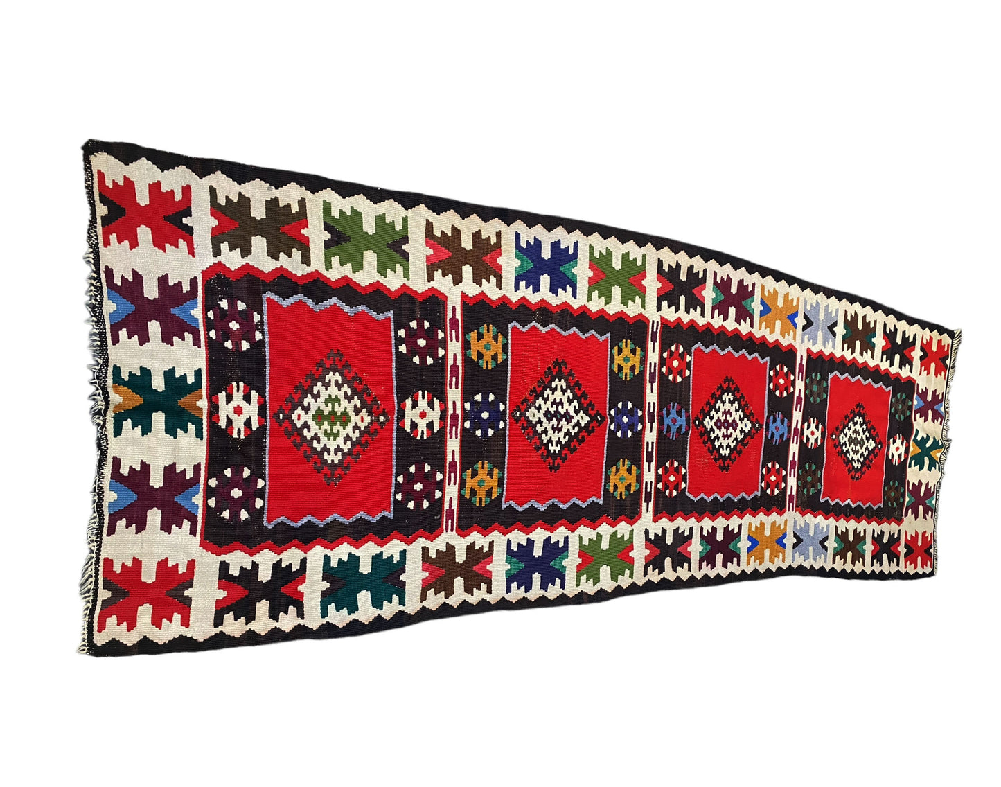 #7154 Tribal Old Hand Knotted Wool Anatolian Kilim Runner Rug, Anatolian 114"