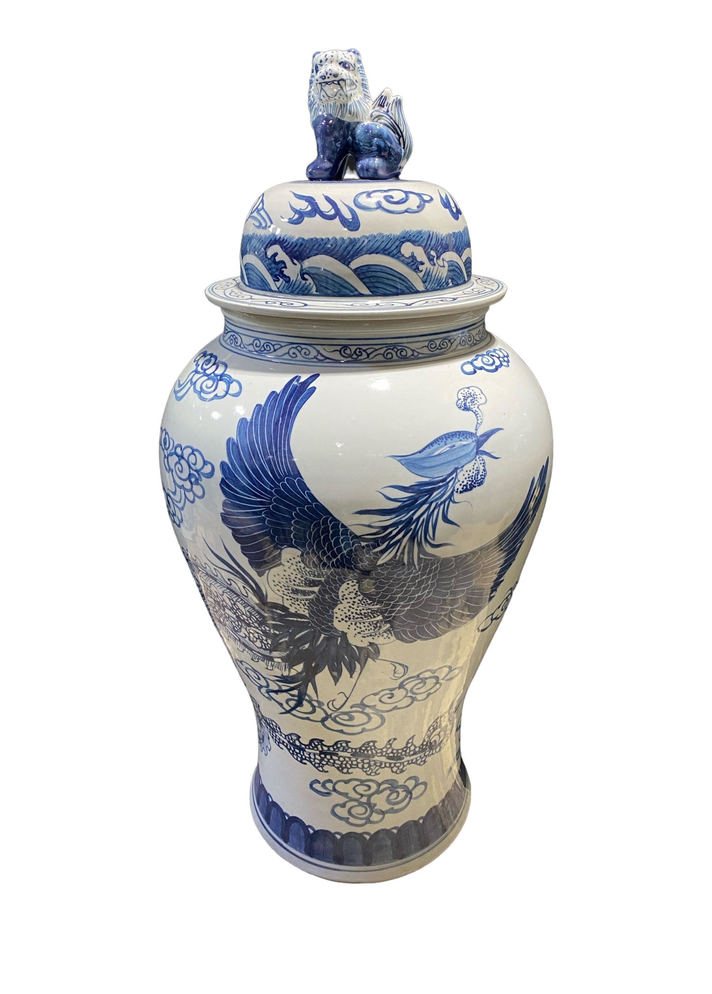 #7198 Large Chinoiserie Porcelain Ginger Peacocks Jar 37" H