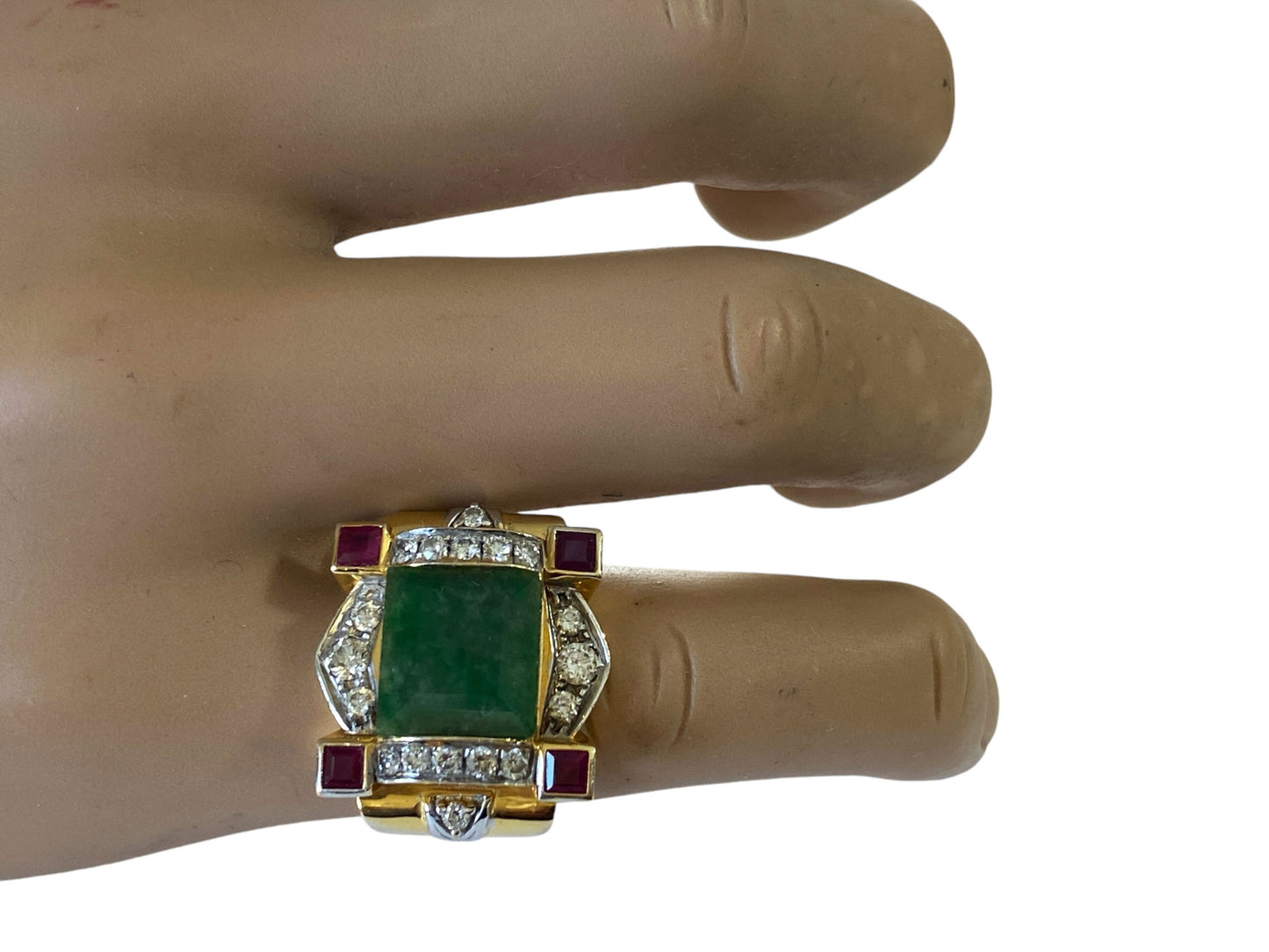 #6281 Art Deco 22K Gold ring w/jade /ruby/Diamond size 7