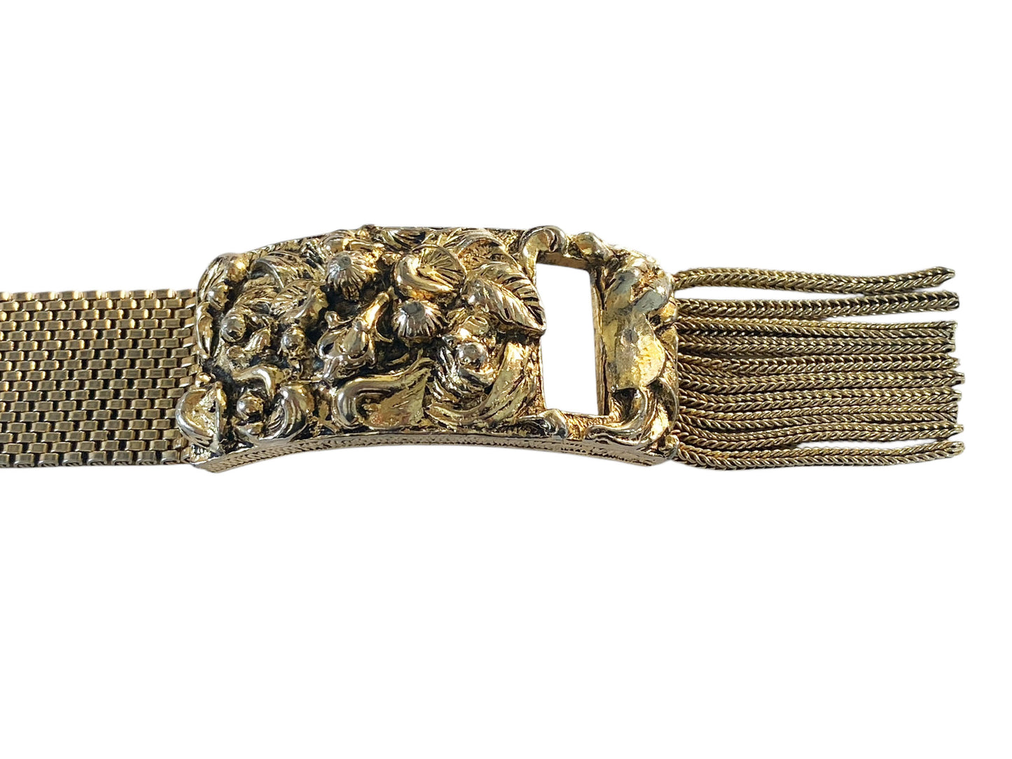 #6293 Vintage Goldstone Mesh Tassel Bracelet  8.25"