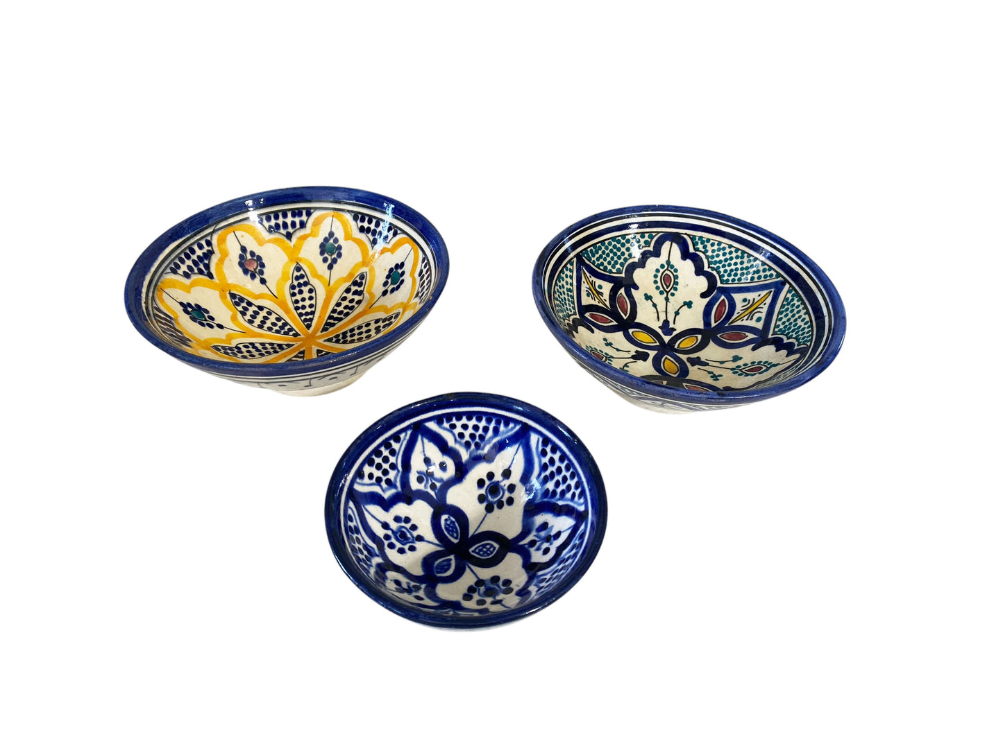 #6347 Vintage Moroccan Set of Three Ceramic Bowls with Geometric Design