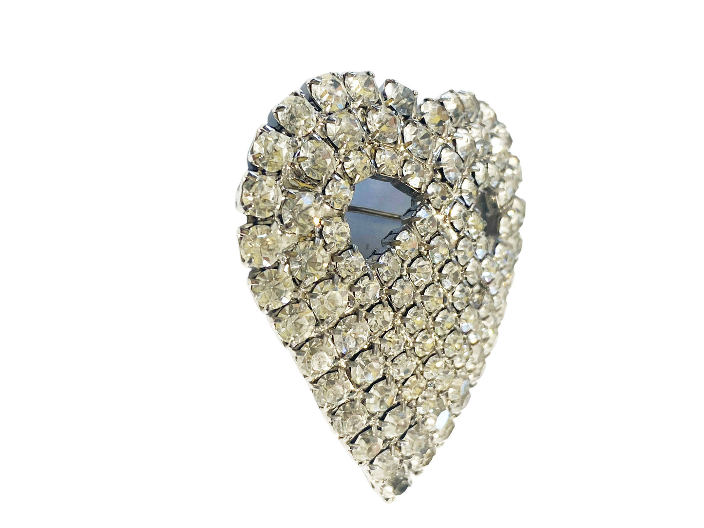 #7145 Vintage Clear Rhinestone Heart Brooch Pin Costume Jewelry Silver Toned
