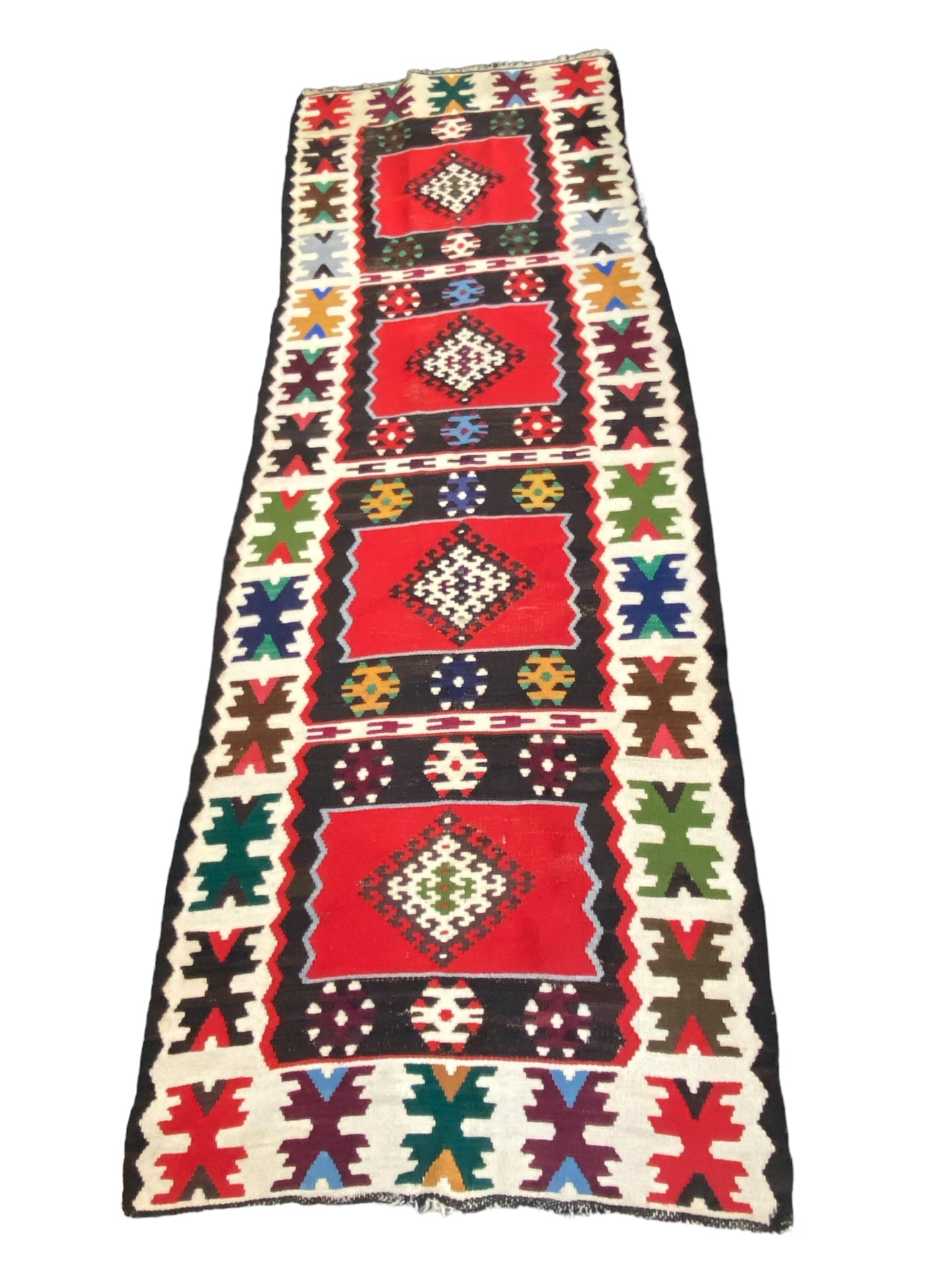 #7154 Tribal Old Hand Knotted Wool Anatolian Kilim Runner Rug, Anatolian 114"