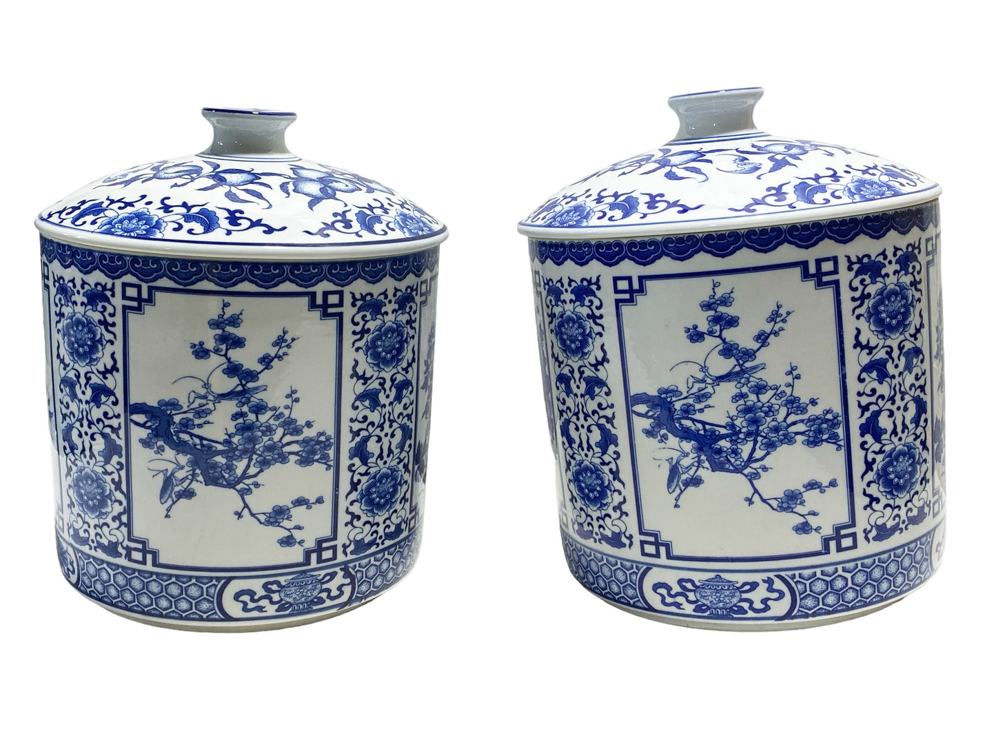 #7247 Large Chinoiserie Blue and White Ginger Jars Pair 12" H