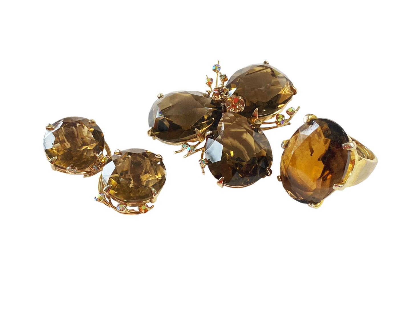 #6203 Vintage Bergere Gold tone Topaz  Rhinestone Set of  Brooch Pin/Earrings/Ring