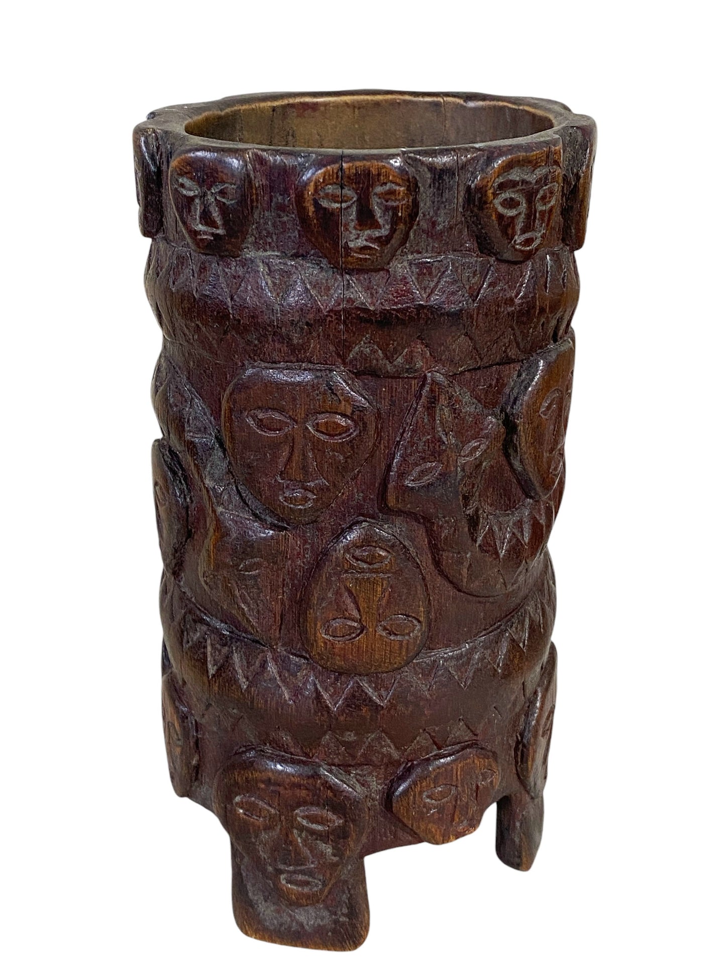#6214 Vintage circa 1960 Hand Carved Wood African Vase 6.5" H