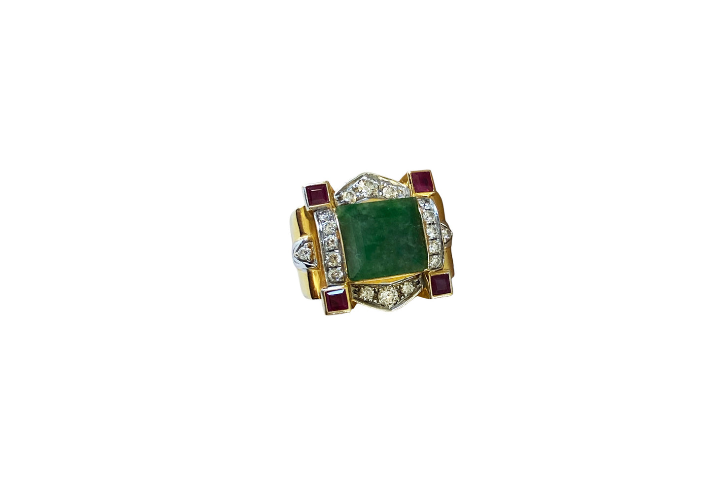 #6281 Art Deco 22K Gold ring w/jade /ruby/Diamond size 7