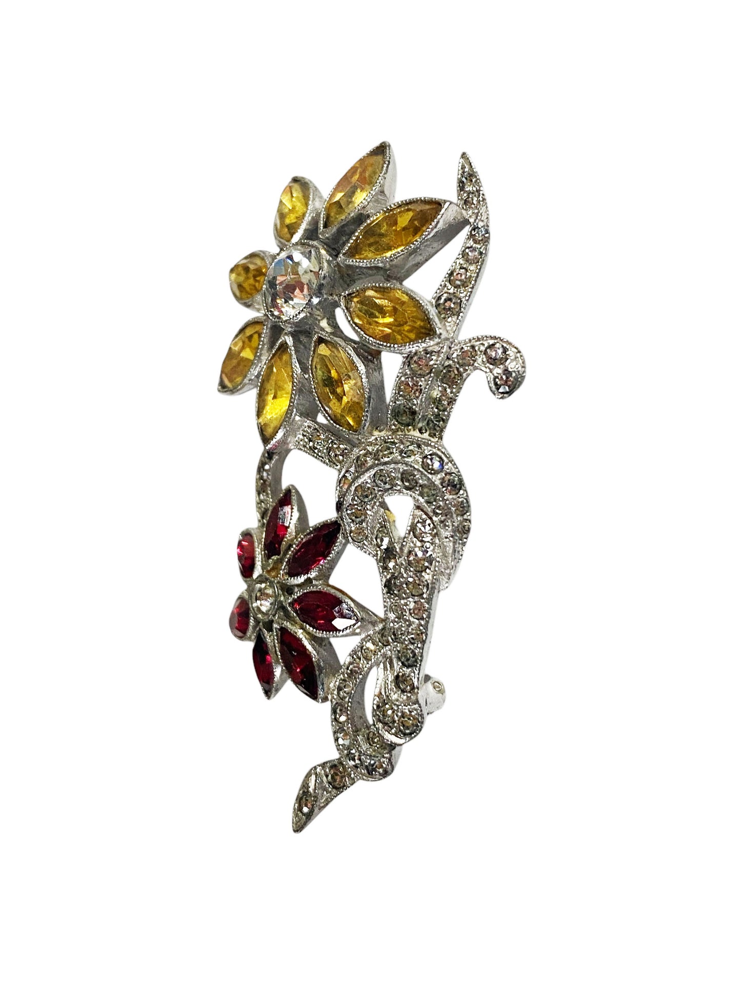 #6302 Vintage Flower Brooch Pin Silver Tone Floral Rhinestones Daisies