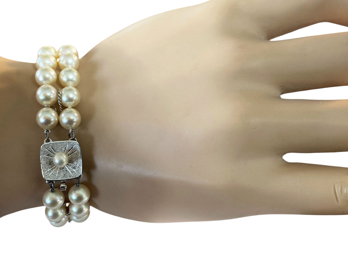 #6295 Vintage Czech Two Strand Pearl Bracelet With Faux silver tone  Diamond Clasp 8"