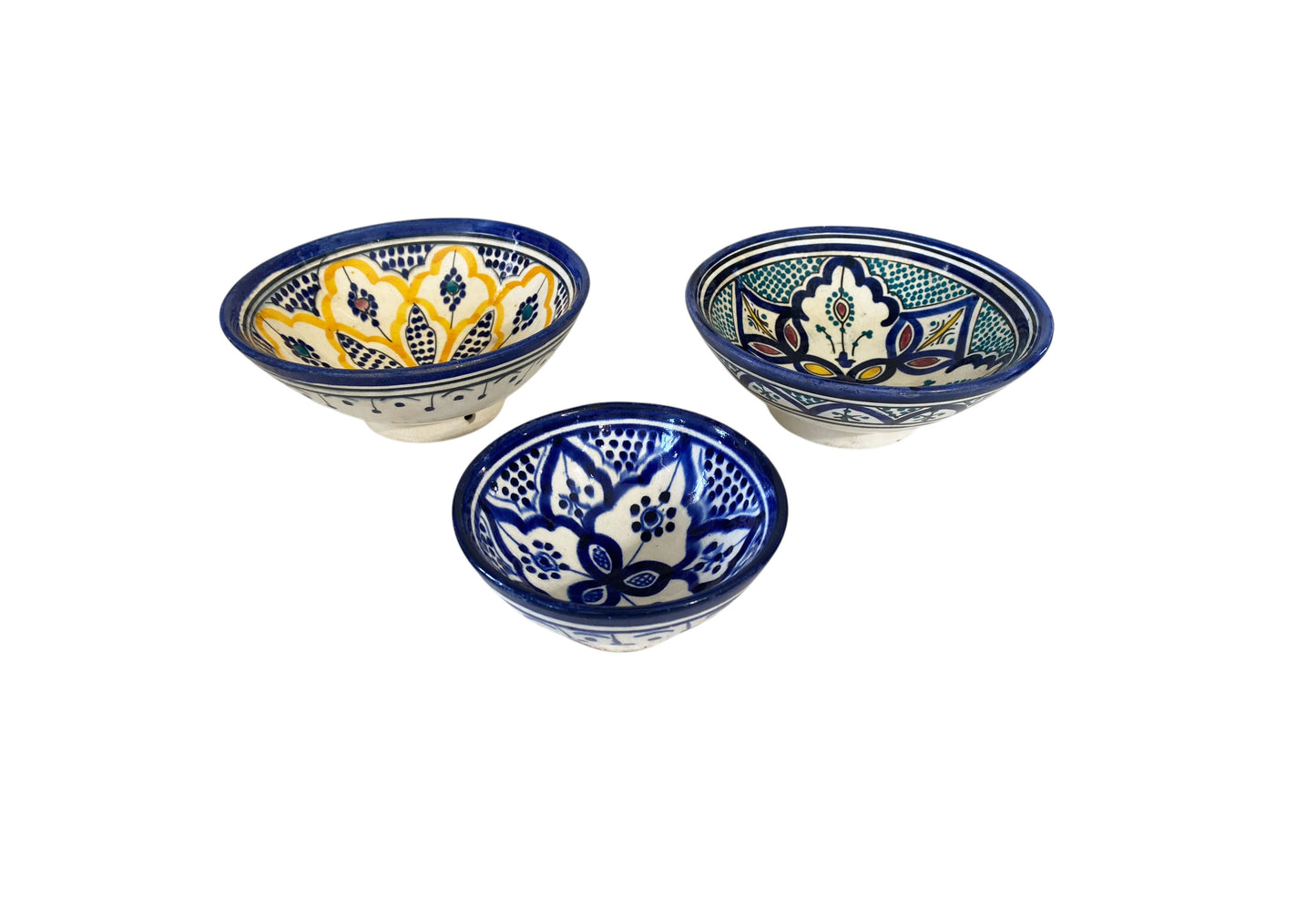 #6347 Vintage Moroccan Set of Three Ceramic Bowls with Geometric Design
