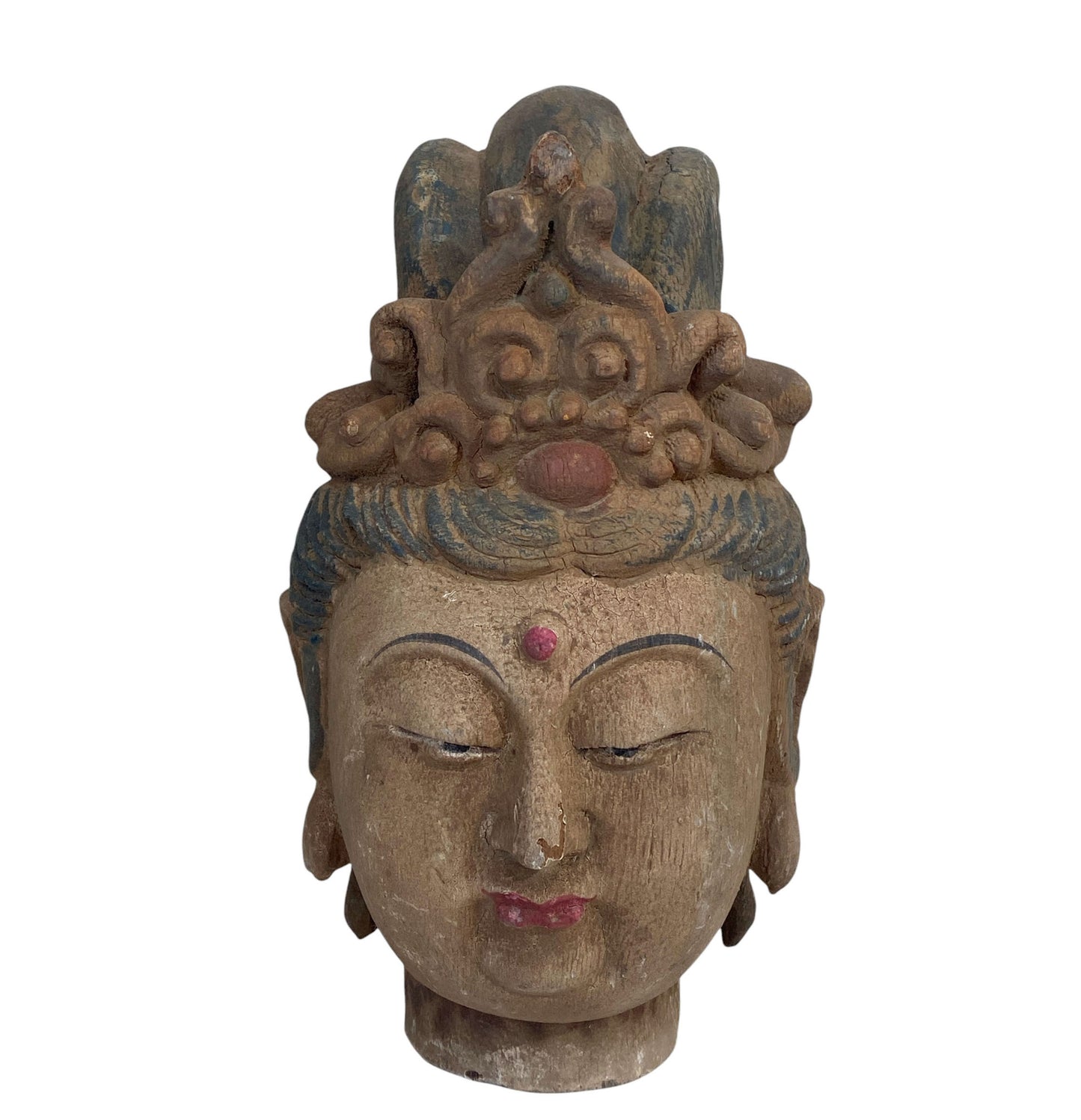 # 6356 Vintage Asian Carved Wood Guanyin Head 9" H