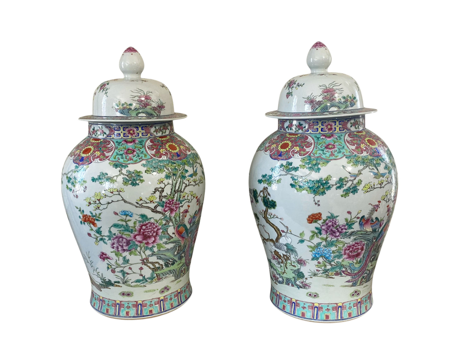#5949 Vintage LG Chinoiserie Famille Rose Porcelain Ginger Jars 26" H Pair