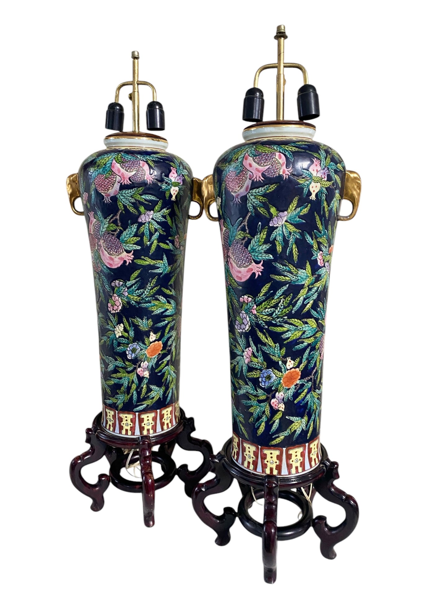 #6416 Vintage Pair of Chinoiserie Porcelain Famille Rose lamps on stands 39" H