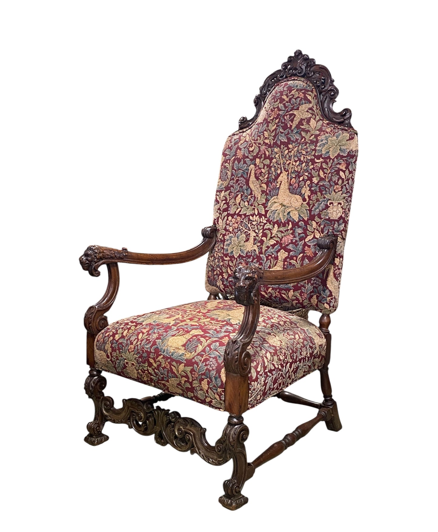 #208 Late 19th c Renaissance Style Unicorn and Lion Head Hall Throne Chair