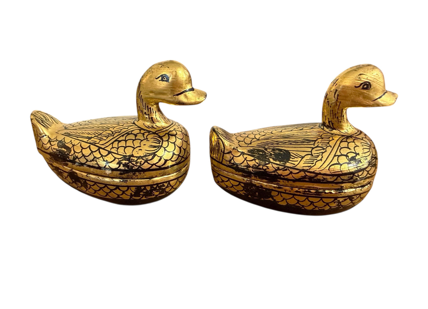 #632 Vintage Burmese Gold Painted Wood Lacquered Ducks Trinket Boxes S/2