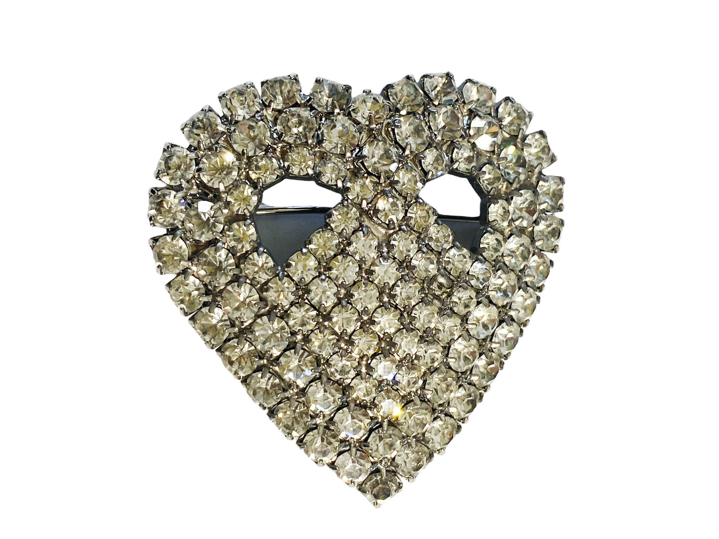 #7145 Vintage Clear Rhinestone Heart Brooch Pin Costume Jewelry Silver Toned