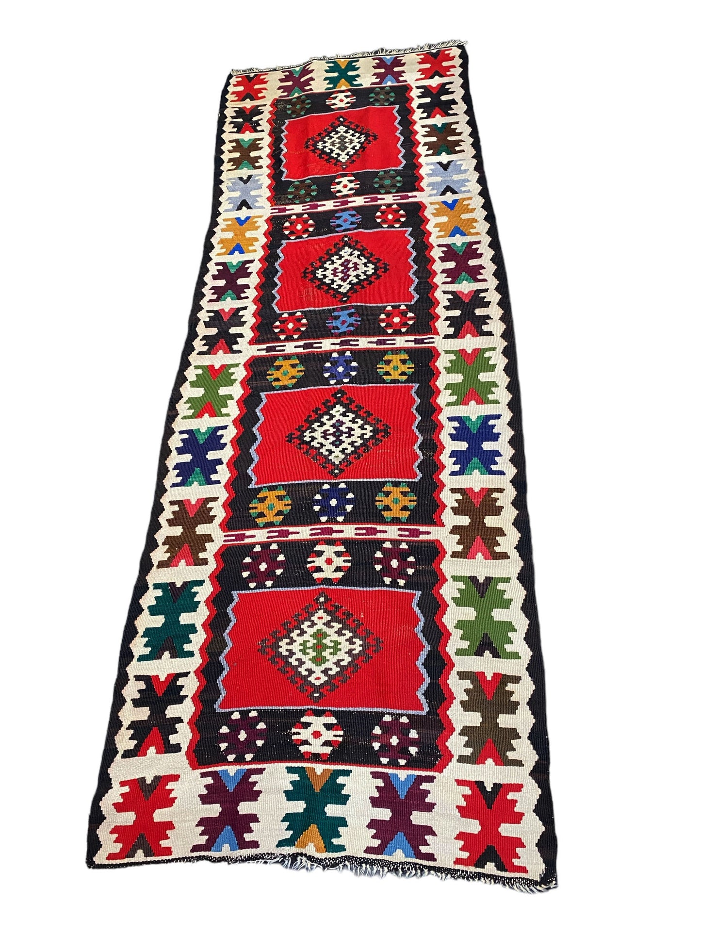 #7154 Tribal Old Hand Knotted Wool Anatolian Kilim Runner Rug, Anatolian 114"
