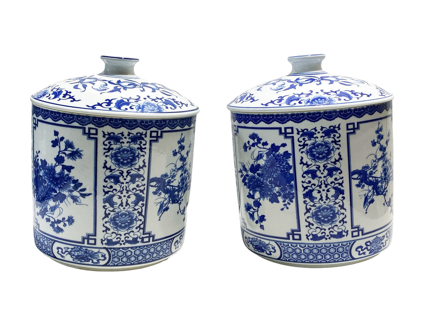 #7247 Large Chinoiserie Blue and White Ginger Jars Pair 12" H