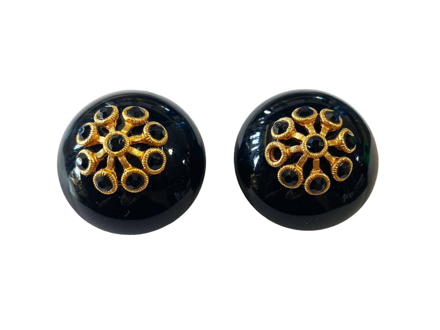 #6119 Vintage Large Black Bakelite Dome Earrings Clip On  Glossy 1.25" Diameter