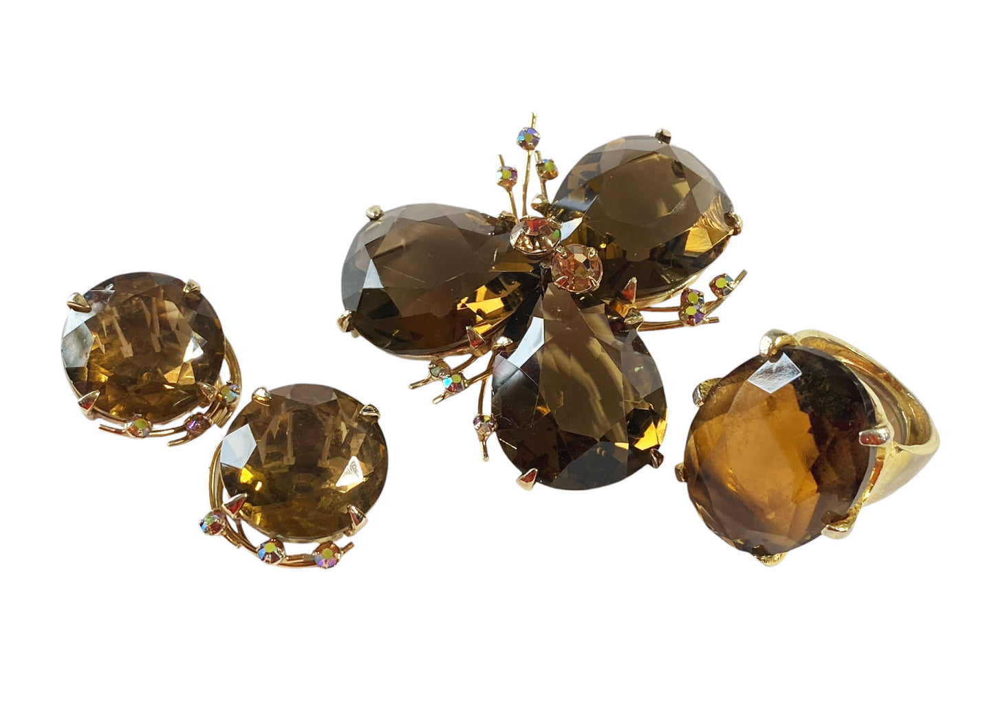 #6203 Vintage Bergere Gold tone Topaz  Rhinestone Set of  Brooch Pin/Earrings/Ring