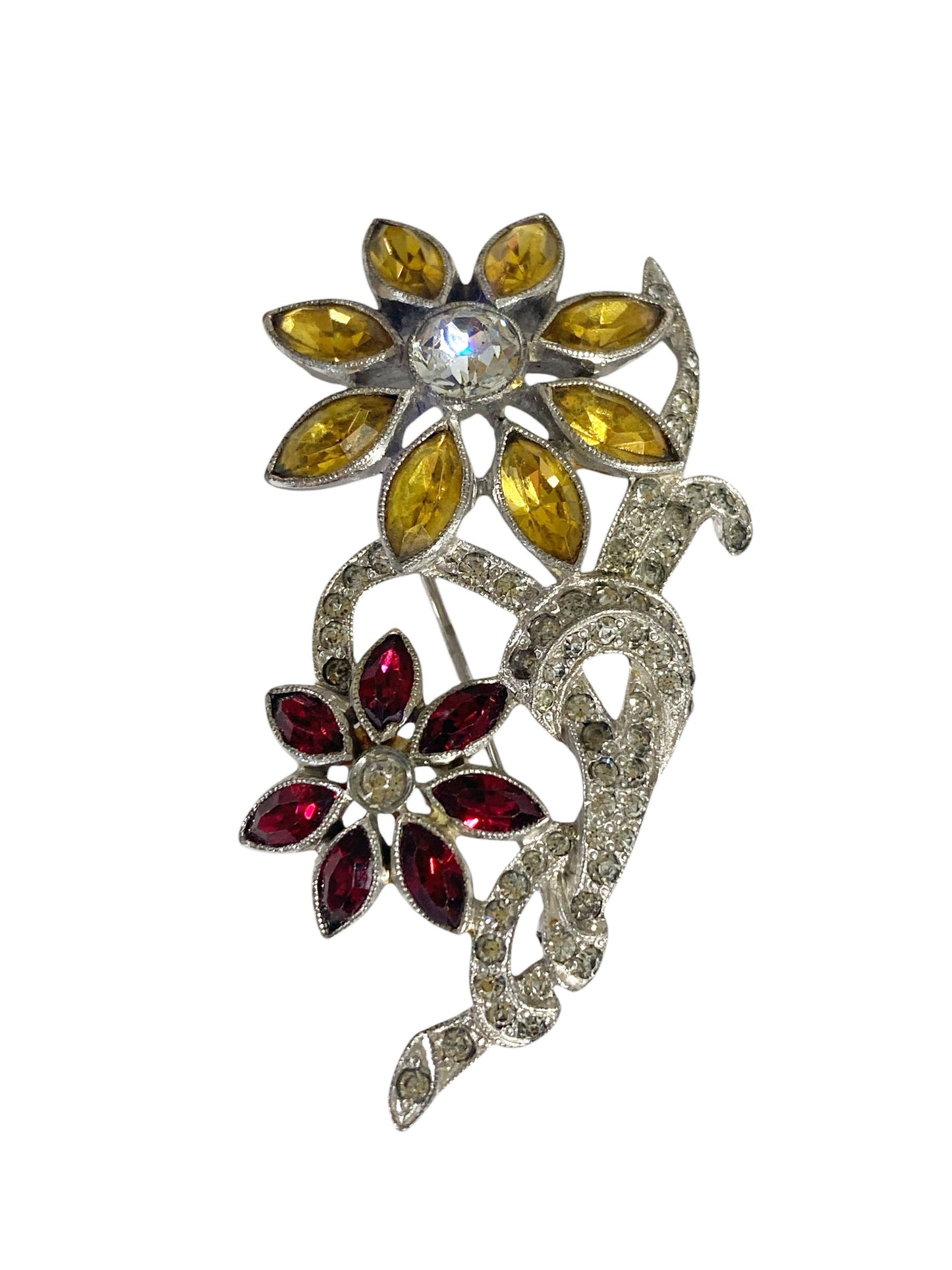 #6302 Vintage Flower Brooch Pin Silver Tone Floral Rhinestones Daisies