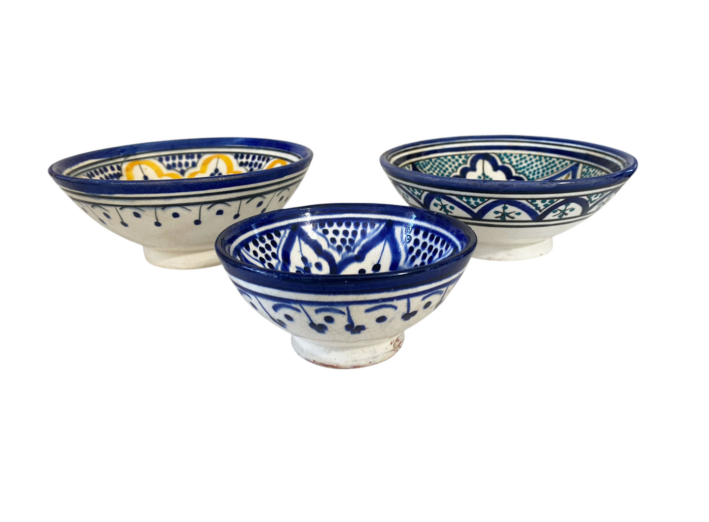 #6347 Vintage Moroccan Set of Three Ceramic Bowls with Geometric Design
