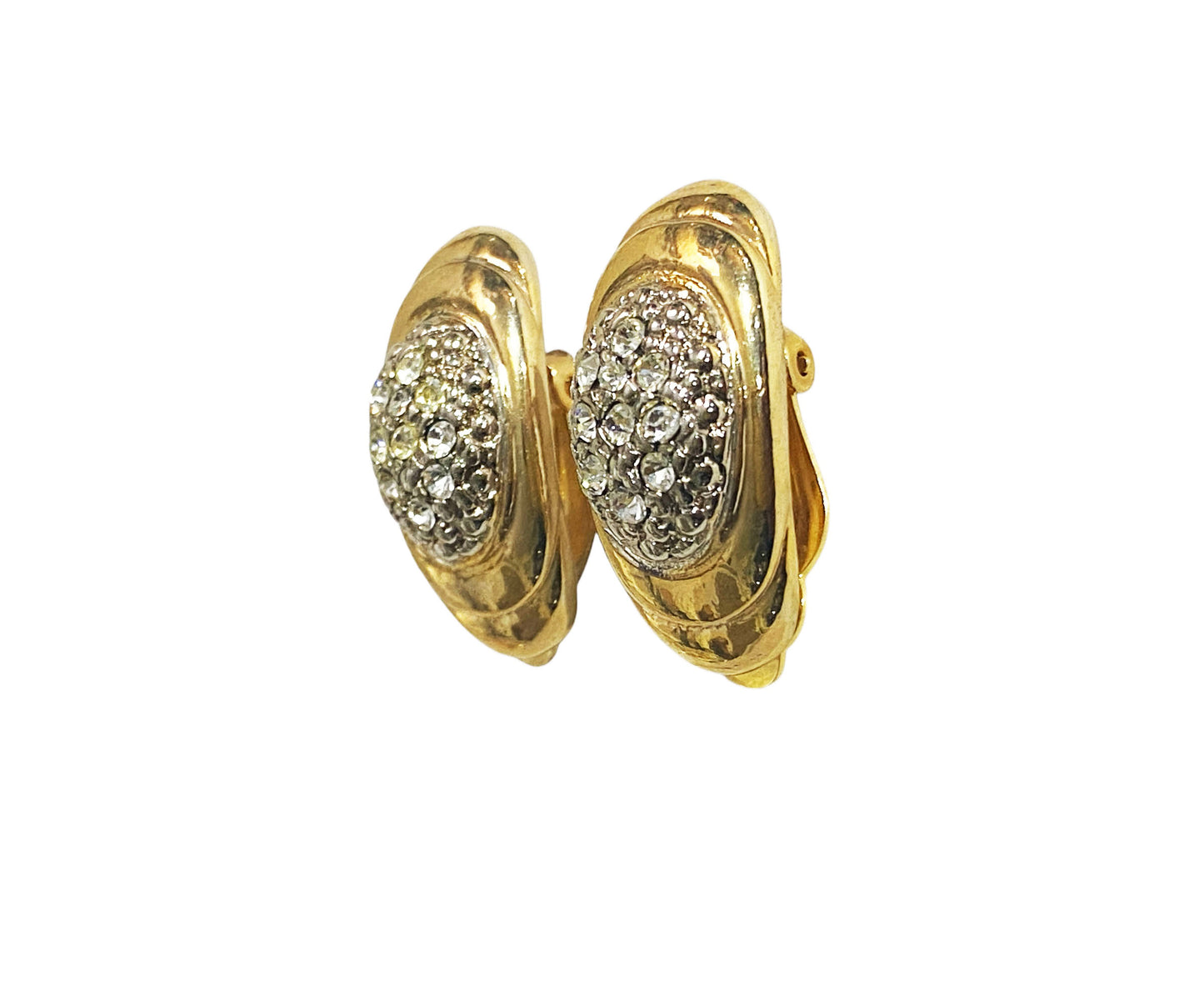 #6396 Vintage Gold Tone W/Shimmering Glass Diamonds Clips Earrings