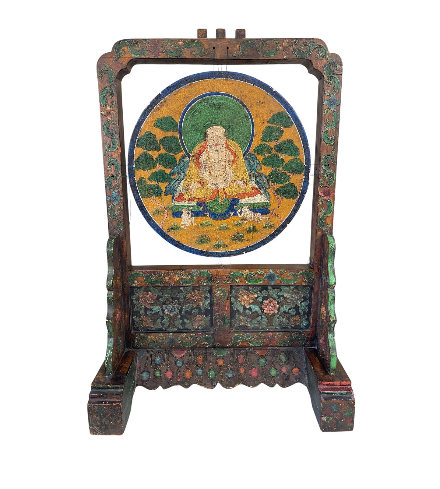 #6081 Large Tibetan Wood Gong On stand with Mallet striker 32.5" H