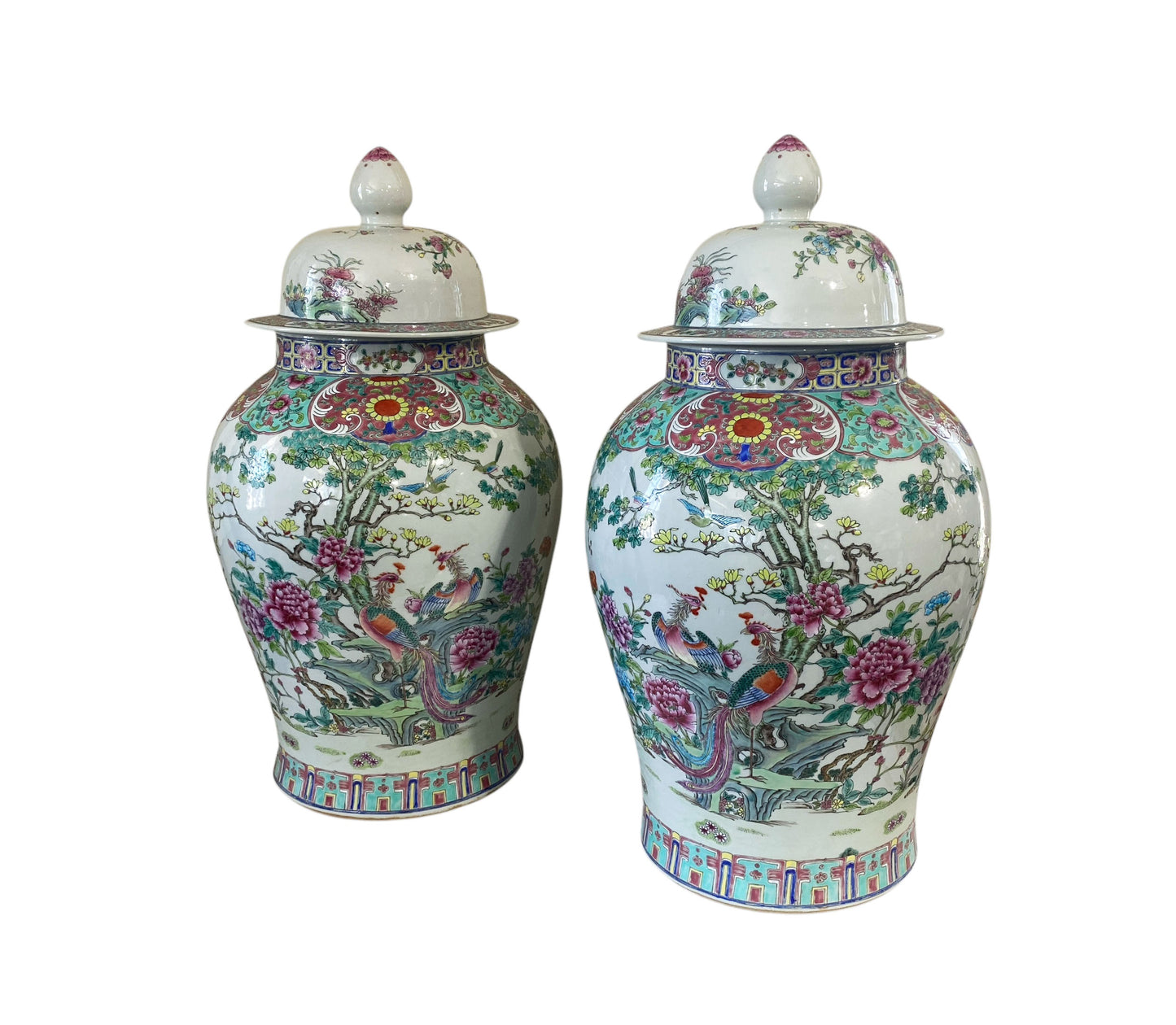 #5949 Vintage LG Chinoiserie Famille Rose Porcelain Ginger Jars 26" H Pair