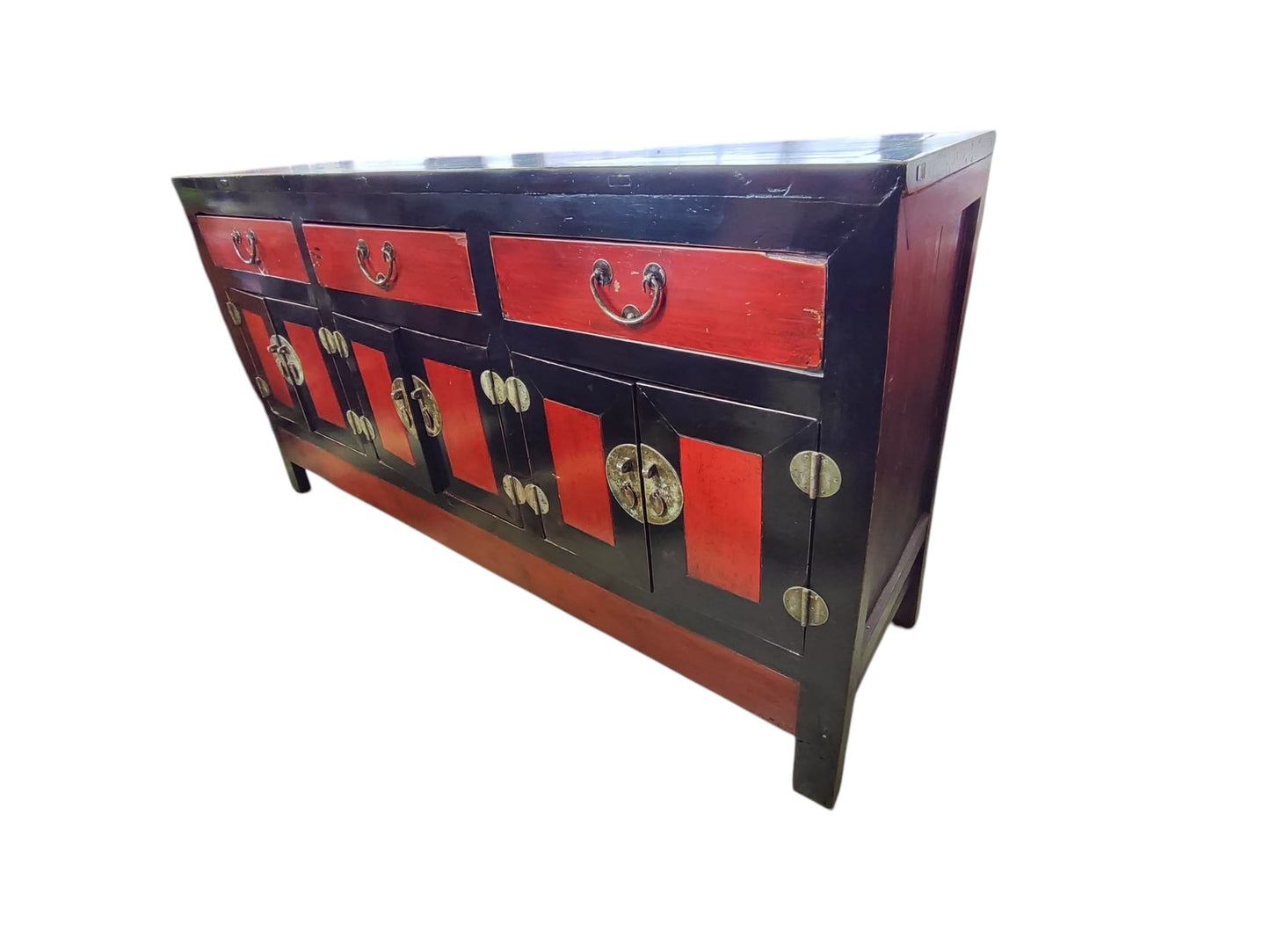 #6461 Vintage Mongolian Hand painted Elm Wood Cabinet W/ Six Doors