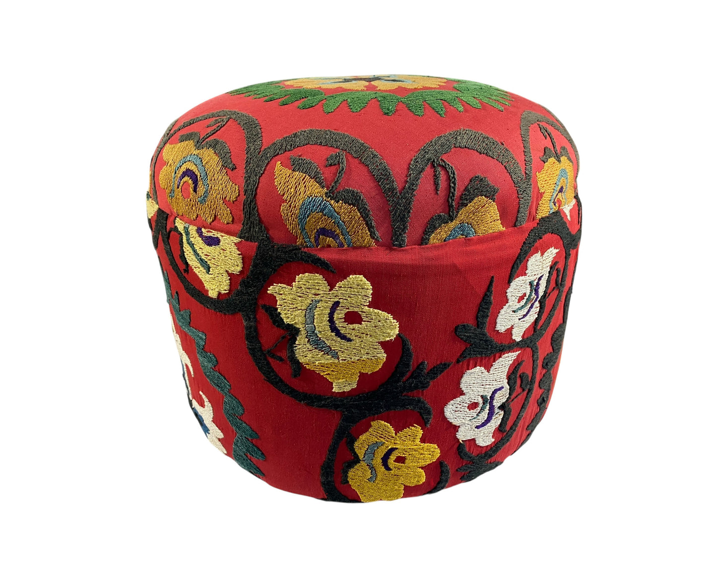#596 Custom Made Ottoman With Vintage Uzbeck Suzani Upholstery 16" H