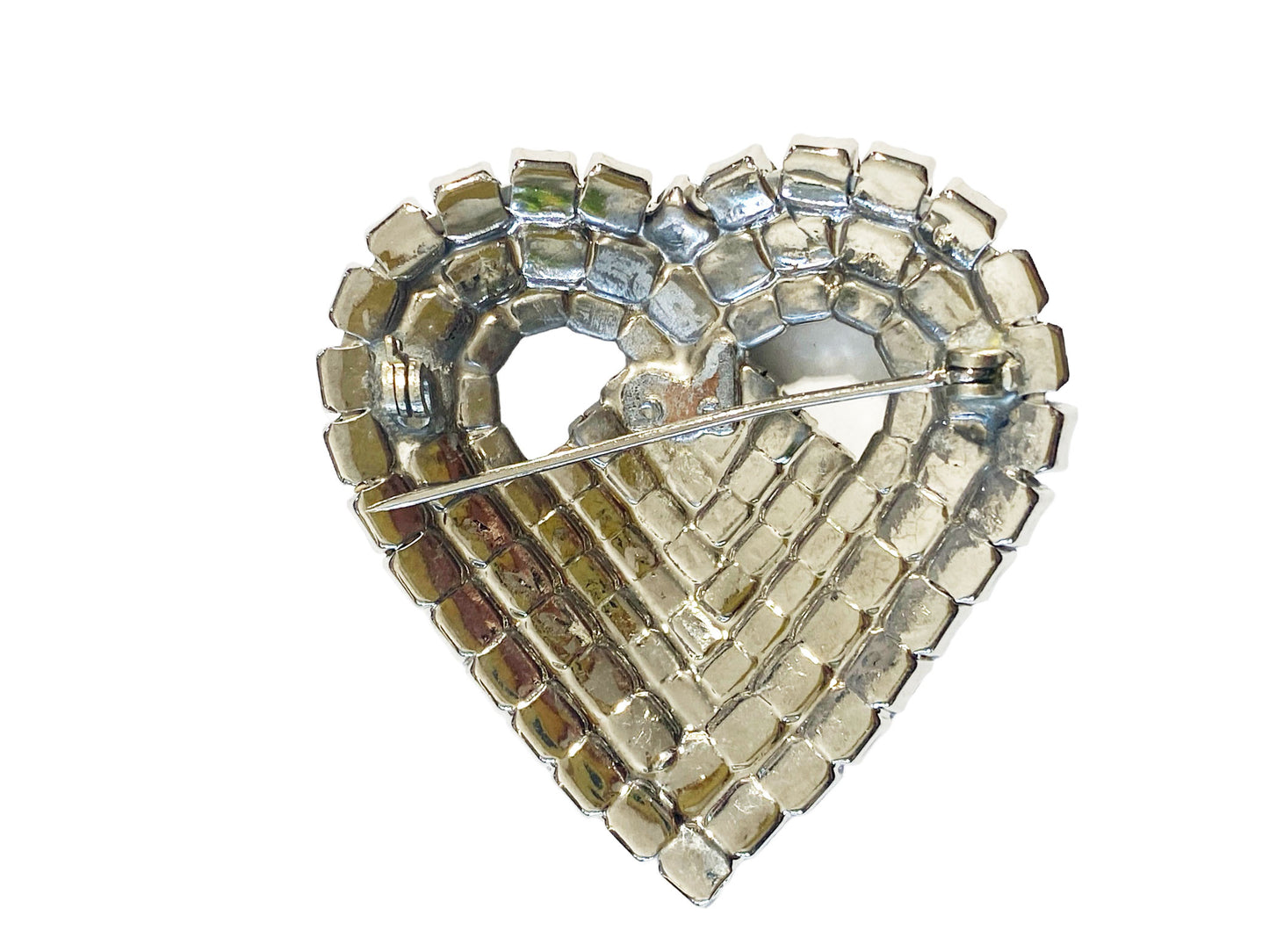 #7145 Vintage Clear Rhinestone Heart Brooch Pin Costume Jewelry Silver Toned